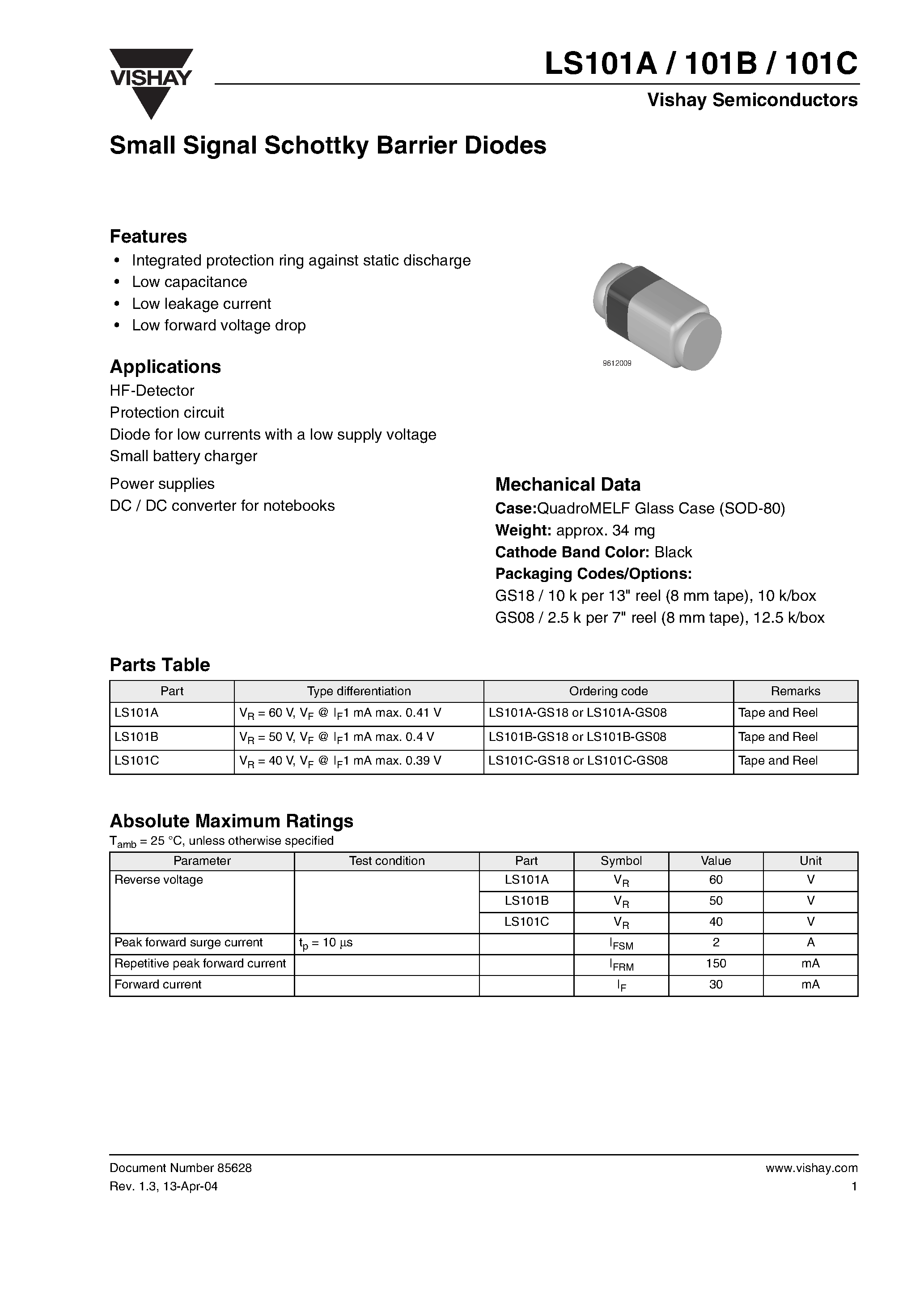 Datasheet LS101A-GS18 - Small Signal Schottky Barrier Diodes page 1