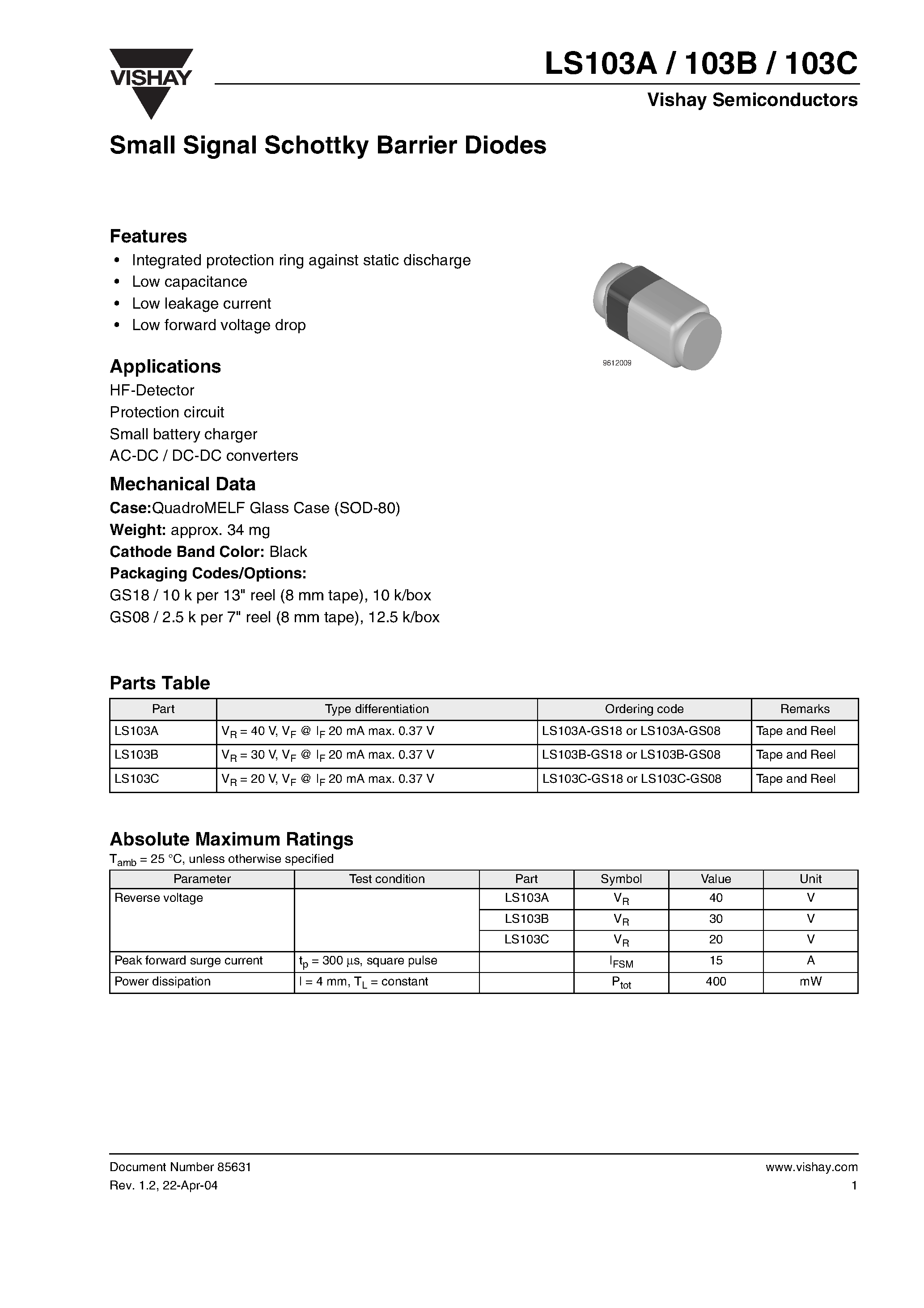 Datasheet LS103A-GS18 - Small Signal Schottky Barrier Diodes page 1