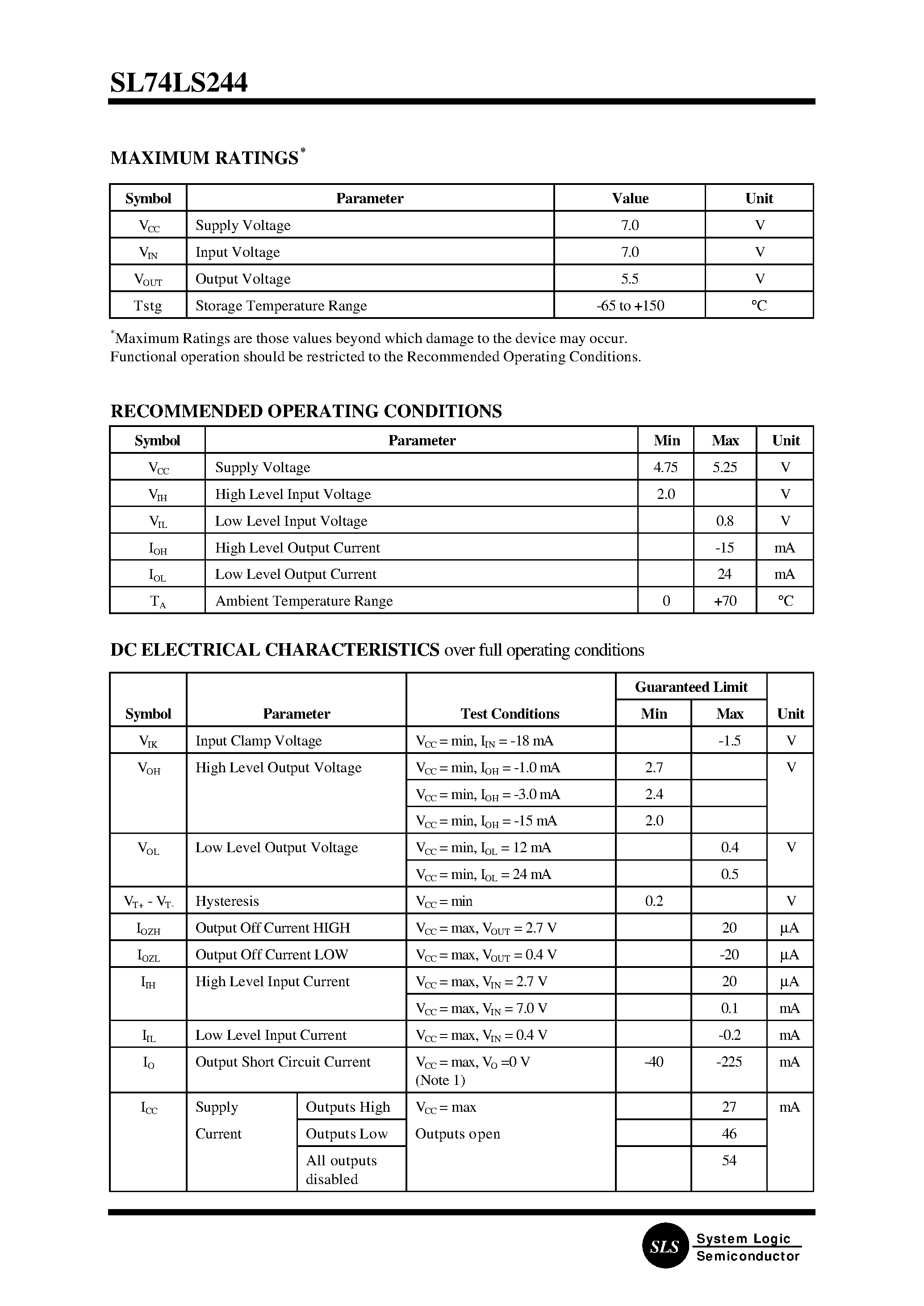 Datasheet LS244 - Octal 3-State Noninverting Buffer/Line Driver/Line Receiver page 2