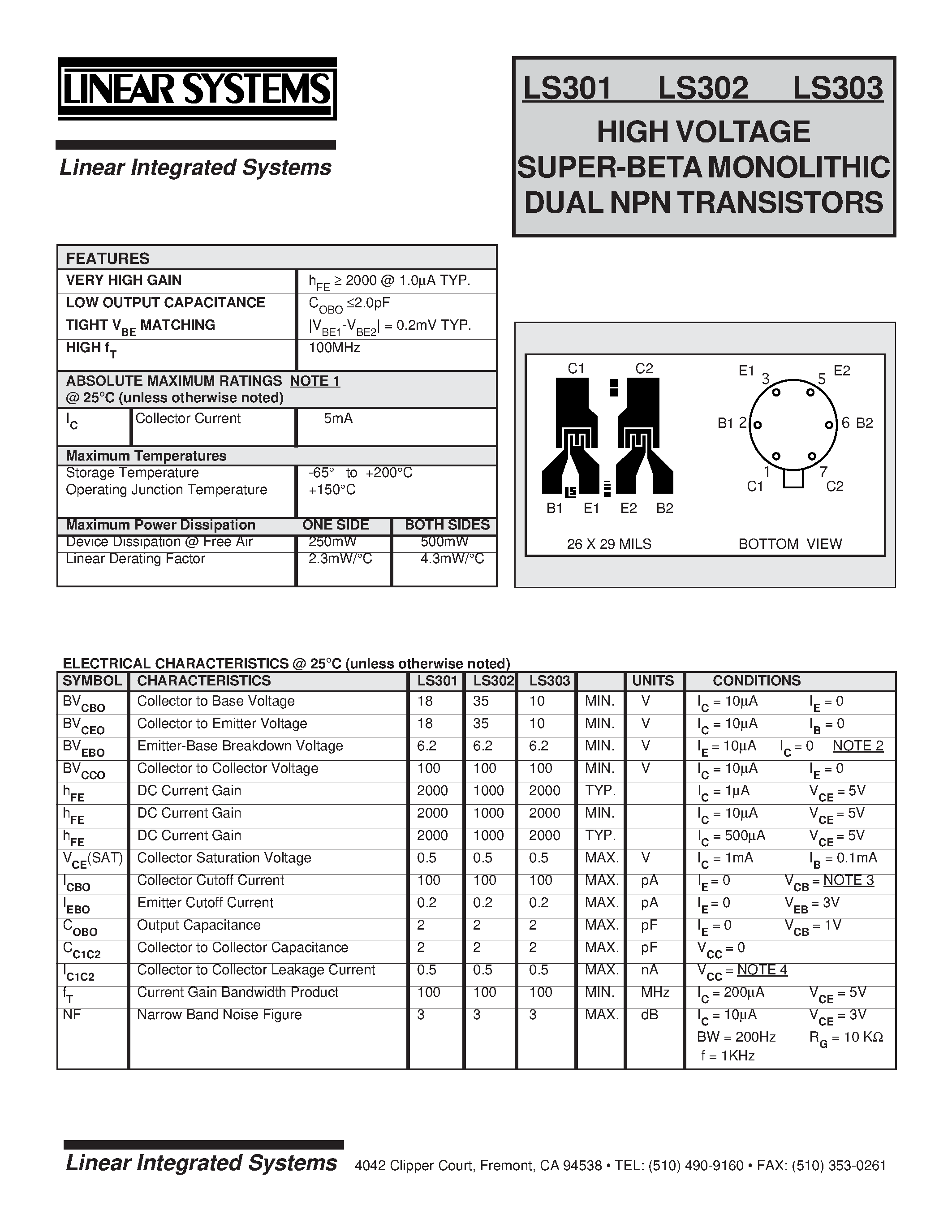 Datasheet LS301-3 - HIGH VOLTAGE SUPER-BETA MONOLITHIC DUAL NPN TRANSISTORS page 1