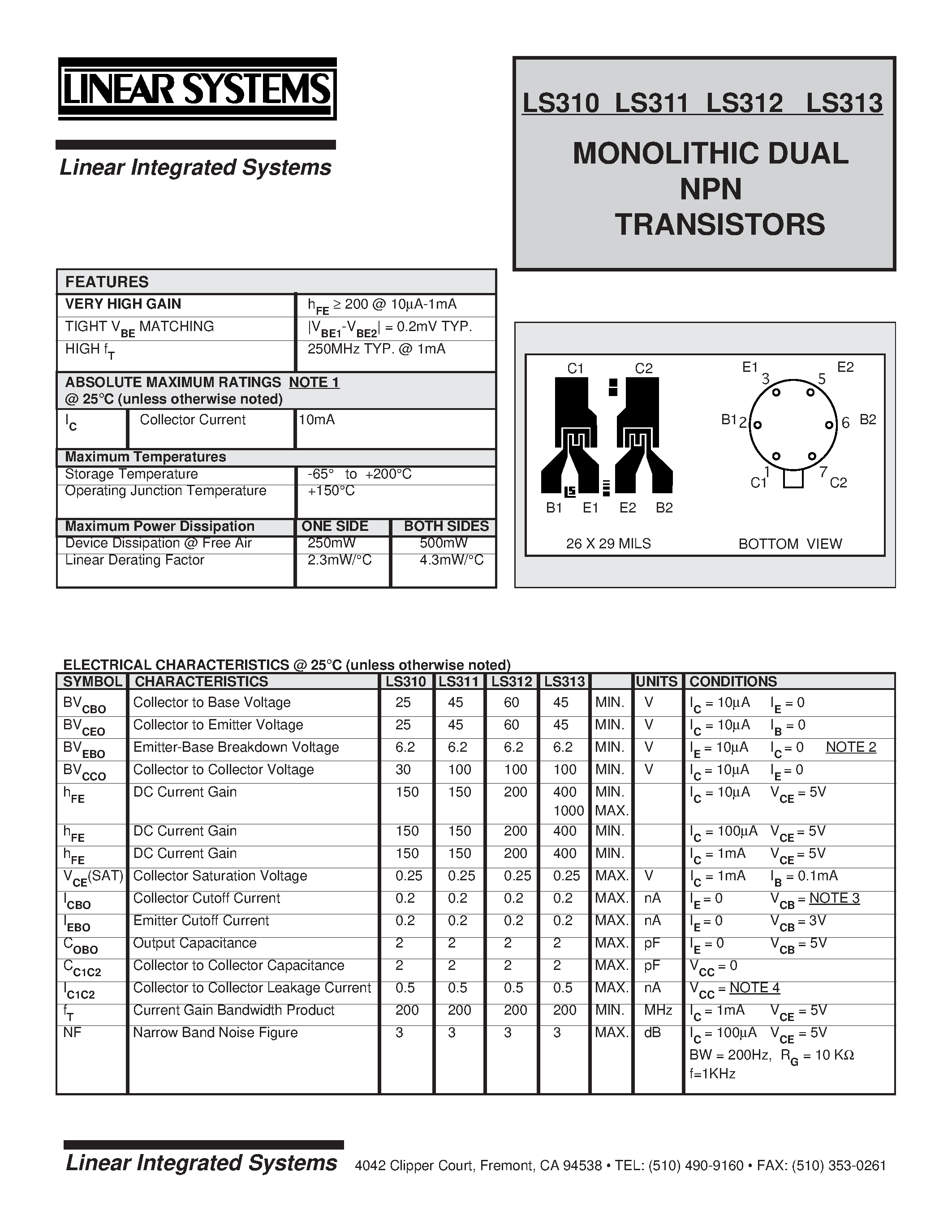 Datasheet LS310-3 - MONOLITHIC DUAL NPN TRANSISTORS page 1