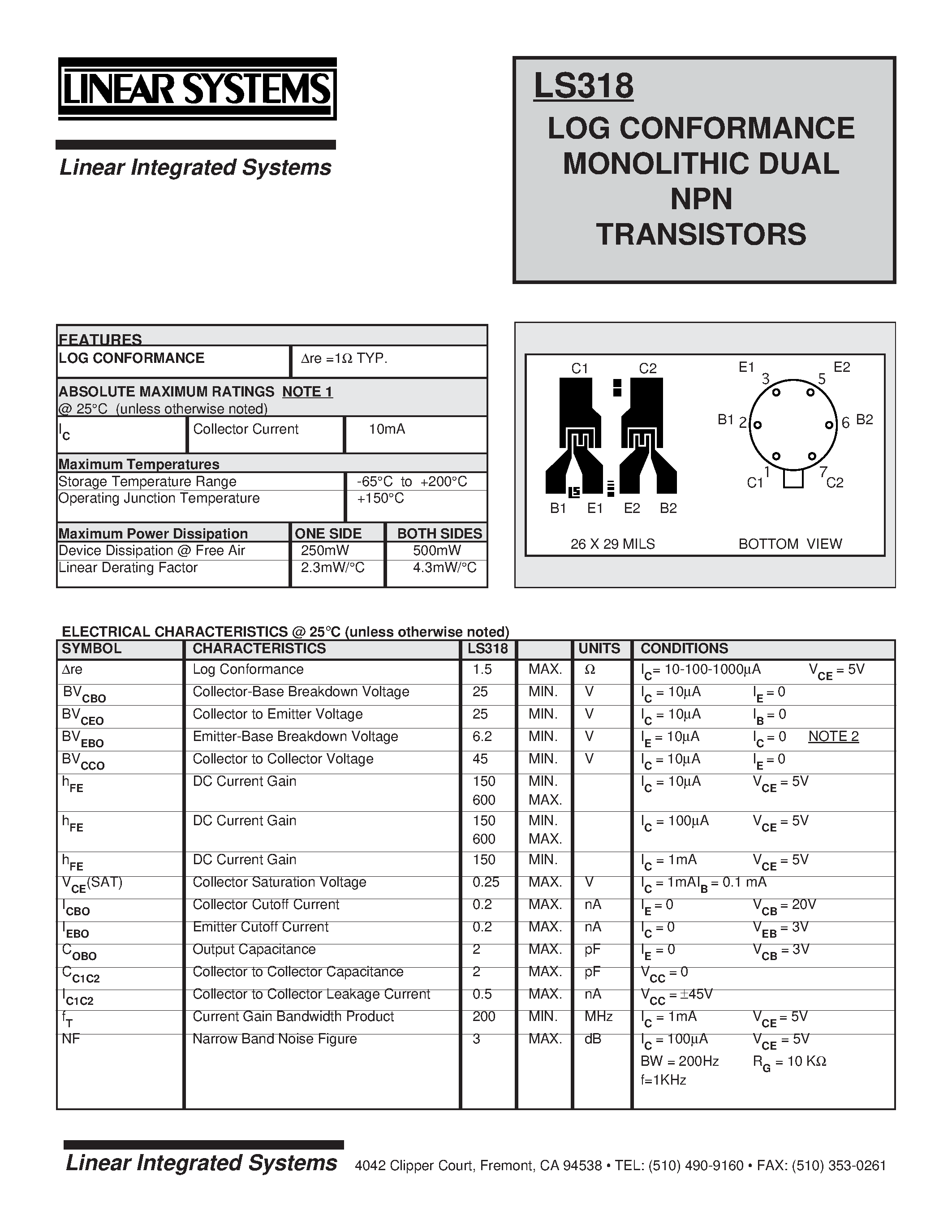 Даташит LS318 - LOG CONFORMANCE MONOLITHIC DUAL NPN TRANSISTORS страница 1