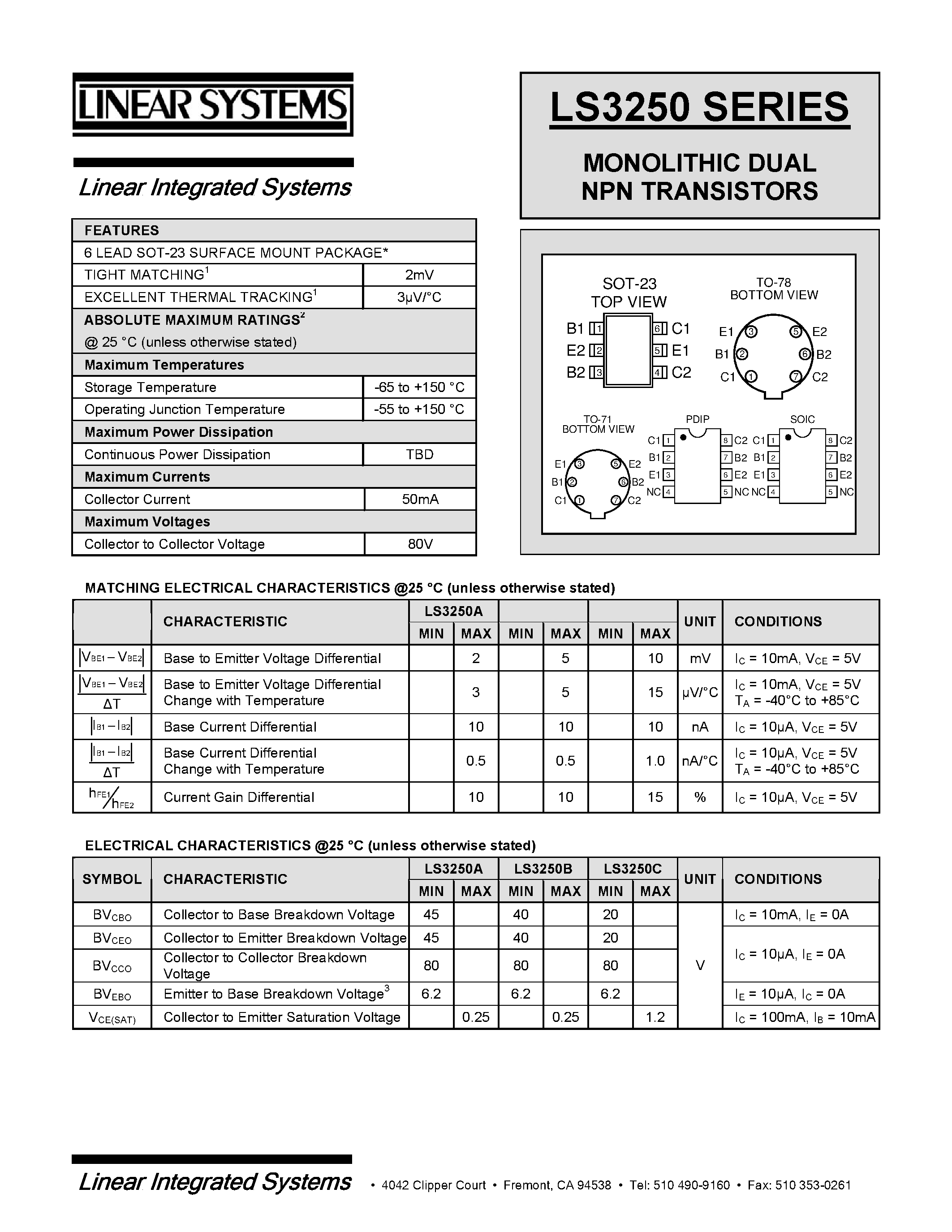 Даташит LS3250 - MONOLITHIC DUAL NPN TRANSISTORS страница 1