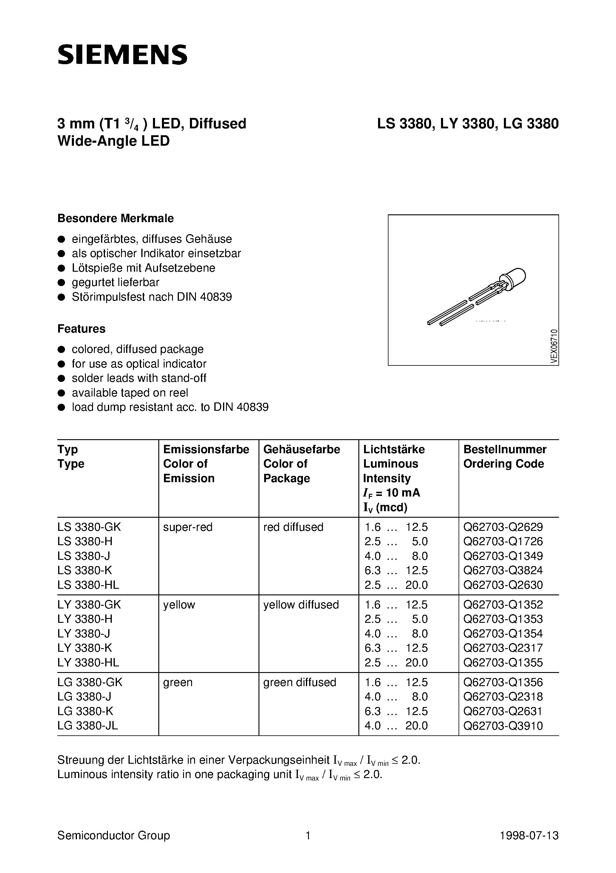 Datasheet LS3380-HL page 1 Datasheet LS3380-HL - 3 mm T1 3/4 LED / Diffused Wide-Angle LED page 1