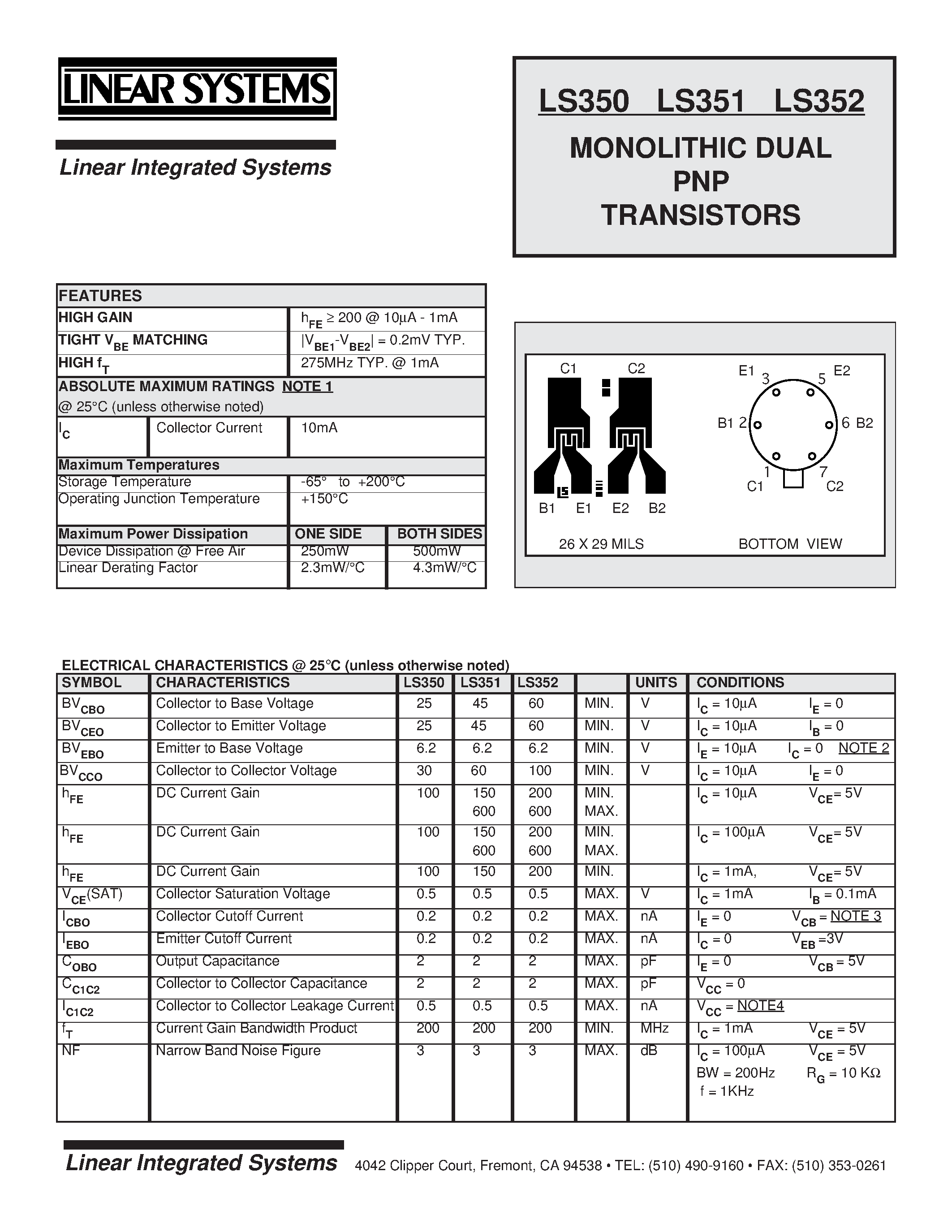 Datasheet LS350-2 - MONOLITHIC DUAL PNP TRANSISTORS page 1