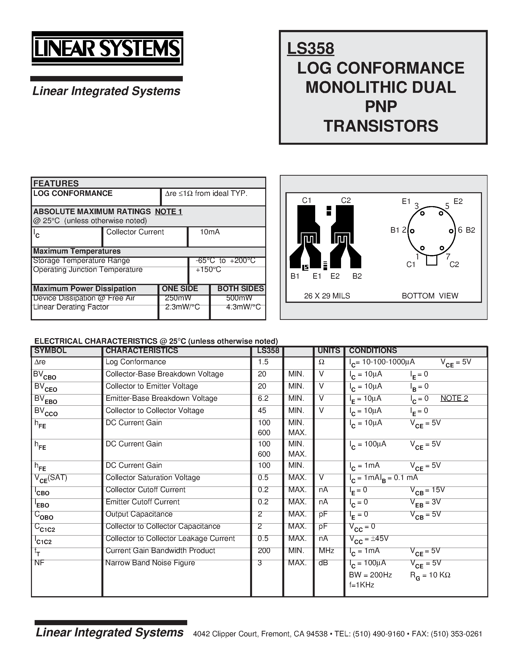Даташит LS358 - LOG CONFORMANCE MONOLITHIC DUAL PNP TRANSISTORS страница 1