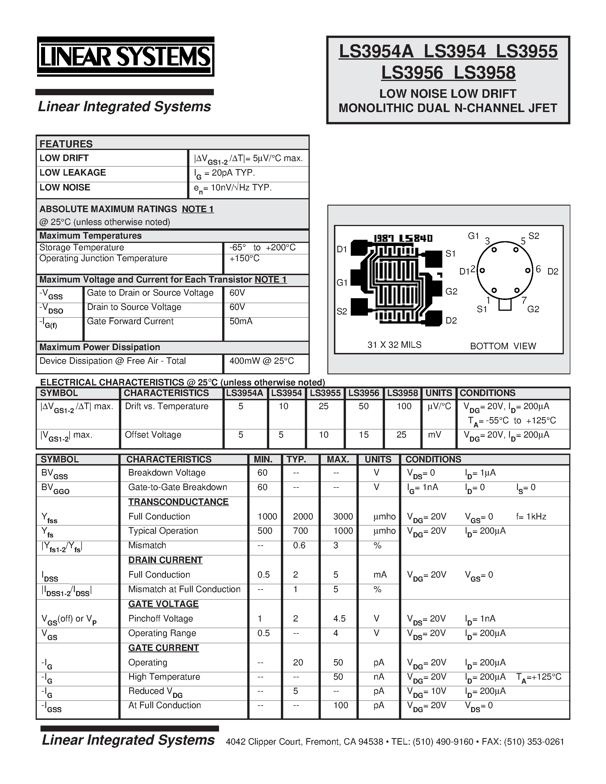 Datasheet LS3958 - LOW NOISE LOW DRIFT MONOLITHIC DUAL N-CHANNEL JFET page 1