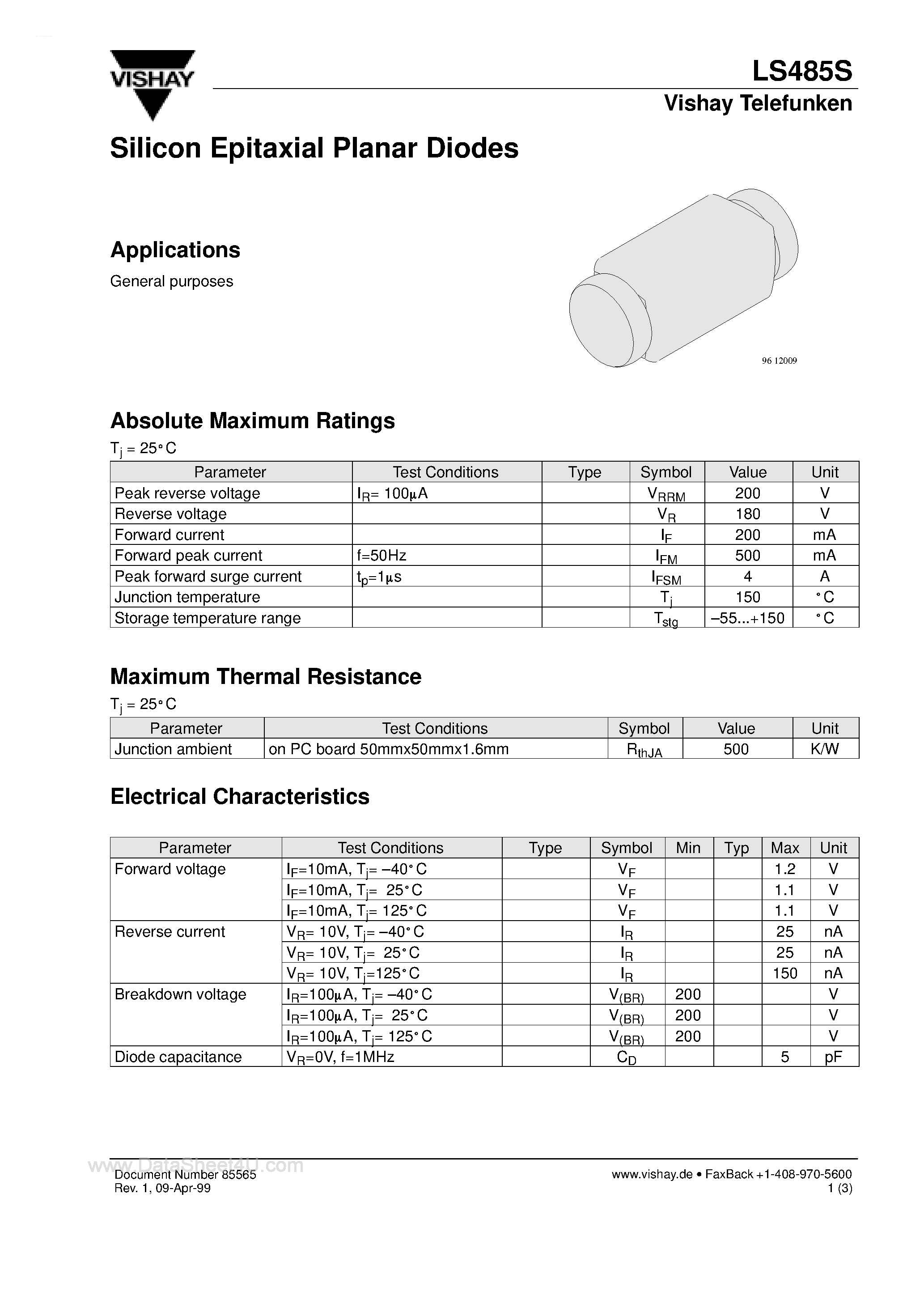 Даташит на микросхему LS485S страница 1 Даташит LS485S - Silicon Epitaxial Planar Diodes страница 1