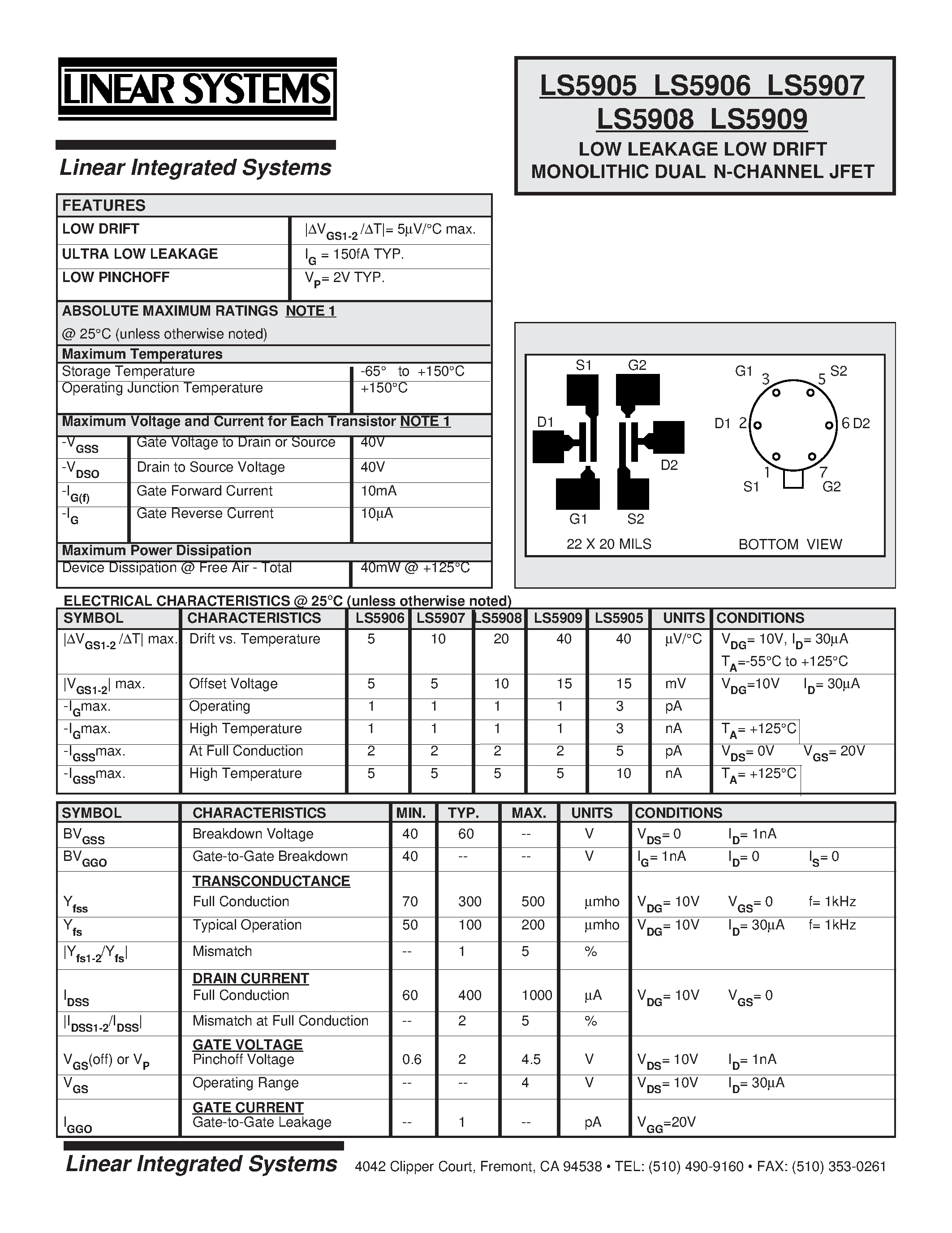 Datasheet LS5905-9 - LOW LEAKAGE LOW DRIFT MONOLITHIC DUAL N-CHANNEL JFET page 1