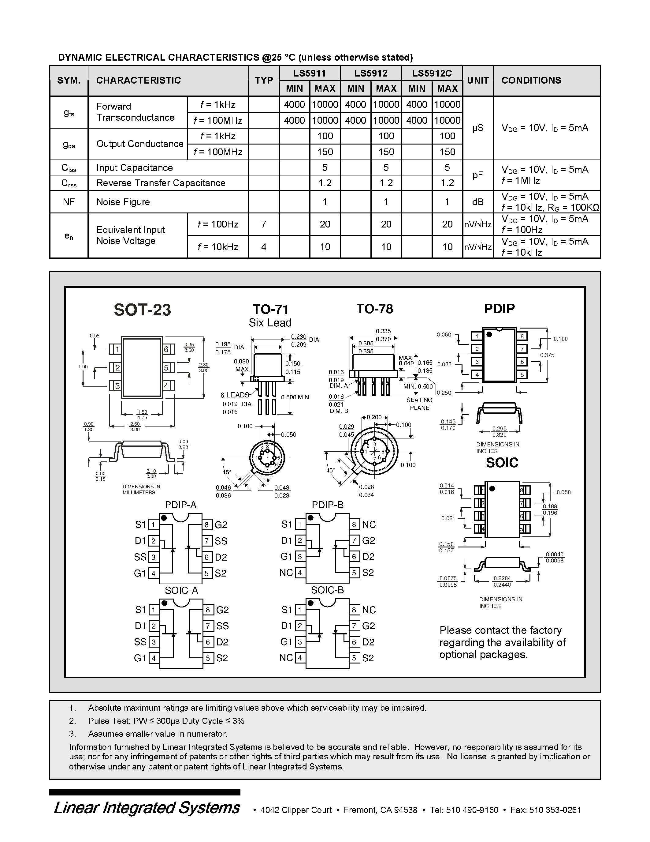 Даташит на микросхему LS5911-2 страница 2 Даташит LS5911-2 - IMPROVED LOW NOISE WIDEBAND MONOLITHIC DUAL N-CHANNEL JFET страница 2