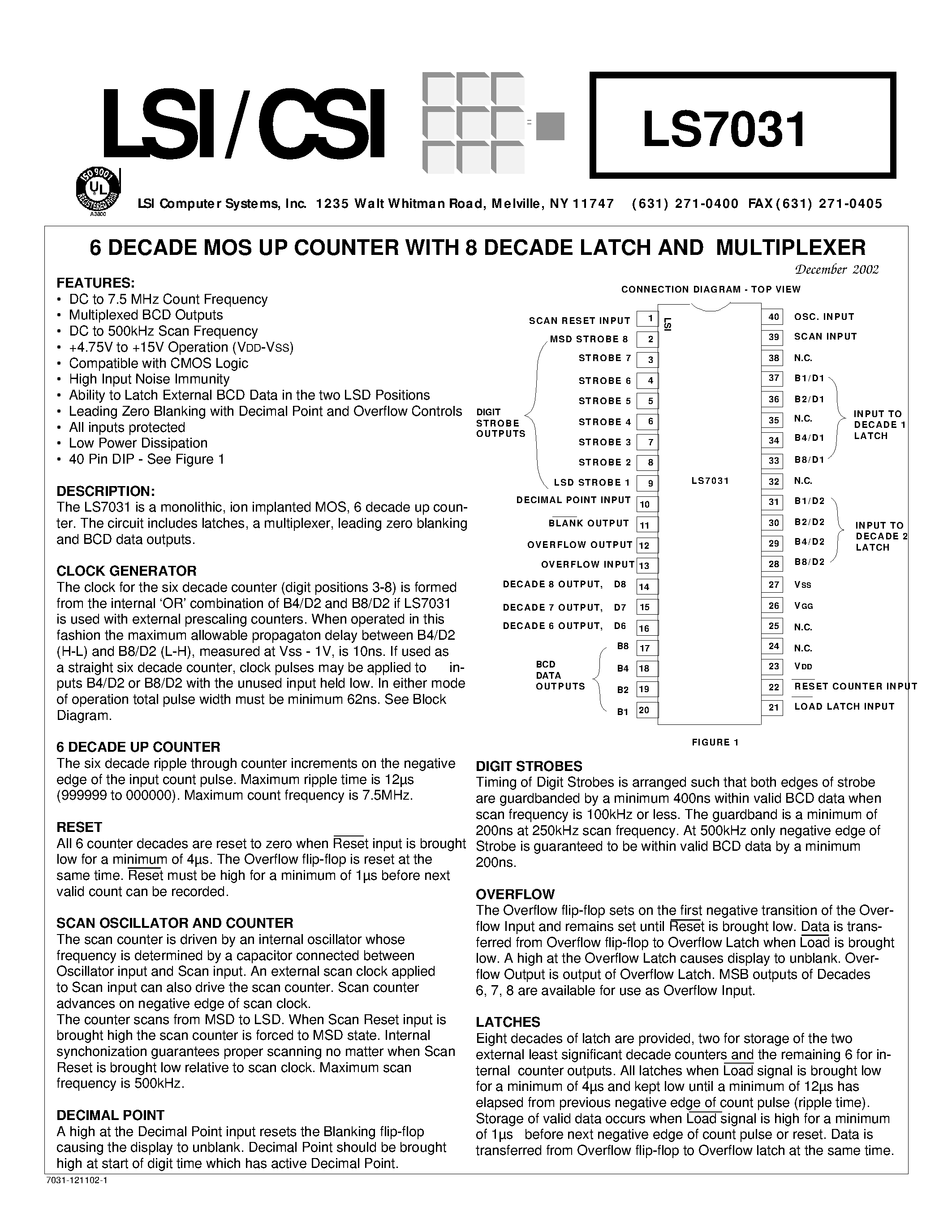 Datasheet LS7031 - 6 DECADE MOS UP COUNTER WITH 8 DECADE LATCH AND MULTIPLEXER page 1