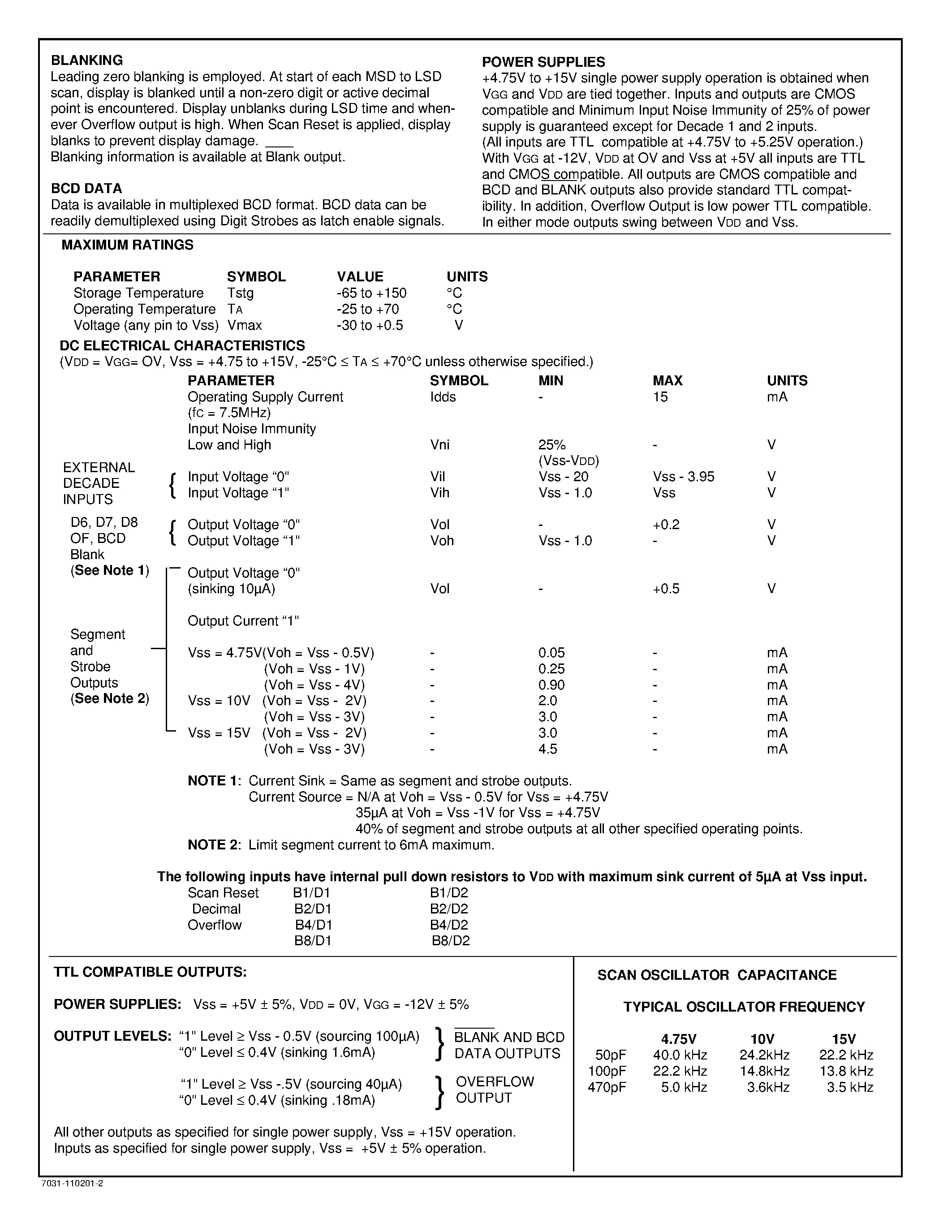 Datasheet LS7031 - 6 DECADE MOS UP COUNTER WITH 8 DECADE LATCH AND MULTIPLEXER page 2