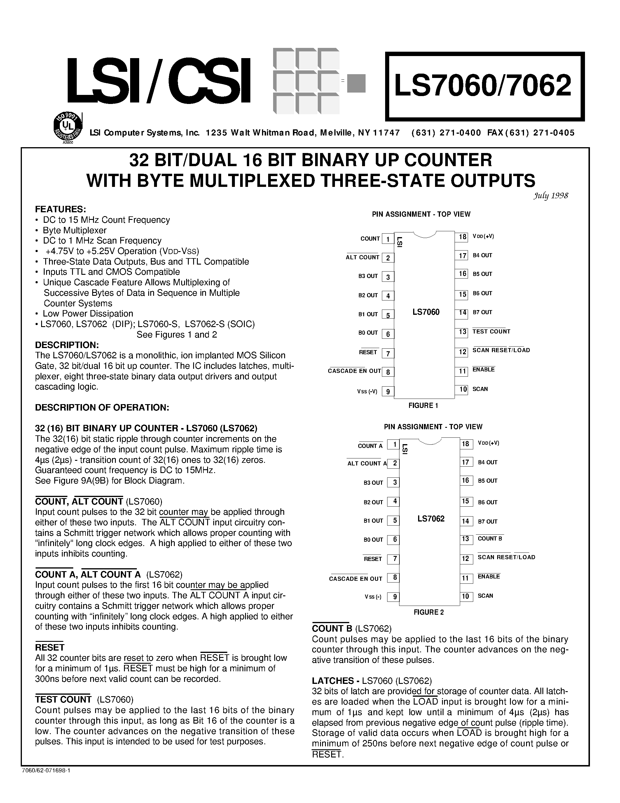 Datasheet LS7062 - 32 BIT/DUAL 16 BIT BINARY UP COUNTER WITH BYTE MULTIPLEXED THREE-STATE OUTPUTS page 1