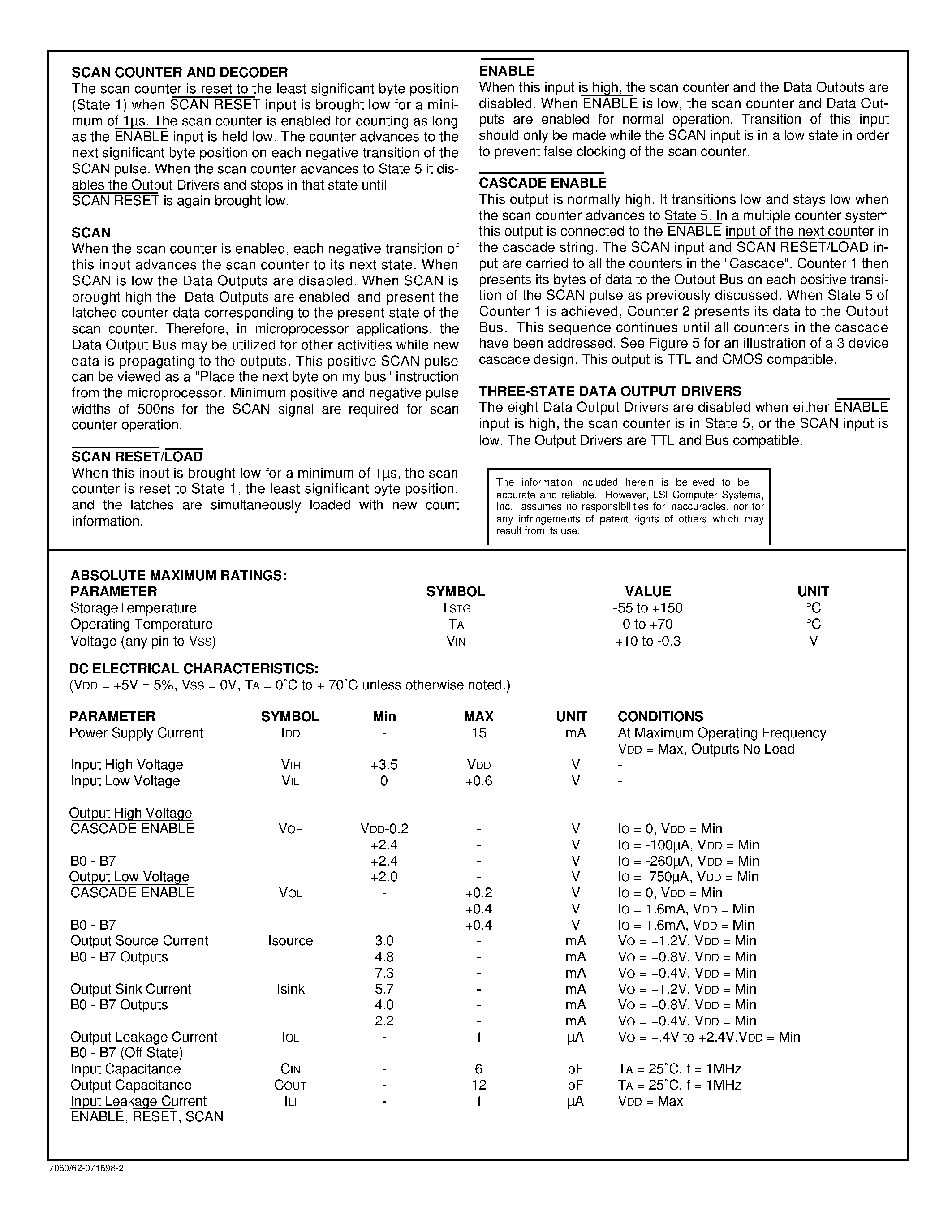 Datasheet LS7062 - 32 BIT/DUAL 16 BIT BINARY UP COUNTER WITH BYTE MULTIPLEXED THREE-STATE OUTPUTS page 2