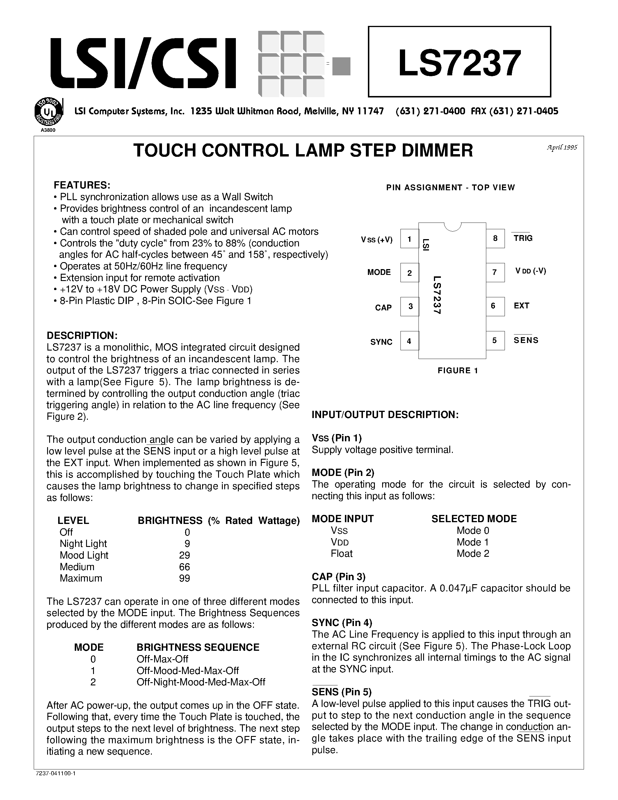 Datasheet LS7237 - TOUCH CONTROL LAMP STEP DIMMER page 1