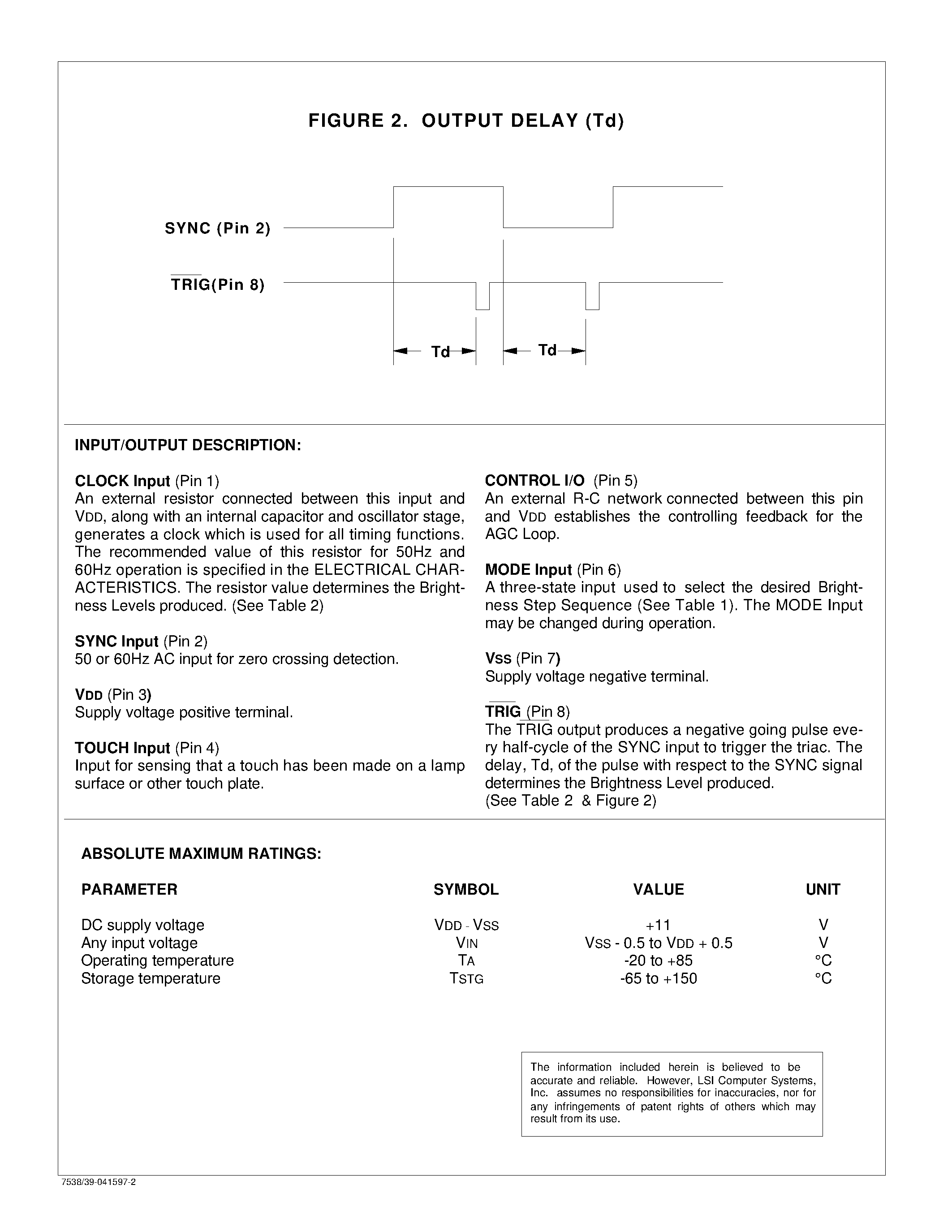 Datasheet LS7538 - TOUCH CONTROL STEP DIMMER LIGHT SWITCH WITH AUTOMATIC GAIN CONTROL (AGC) page 2