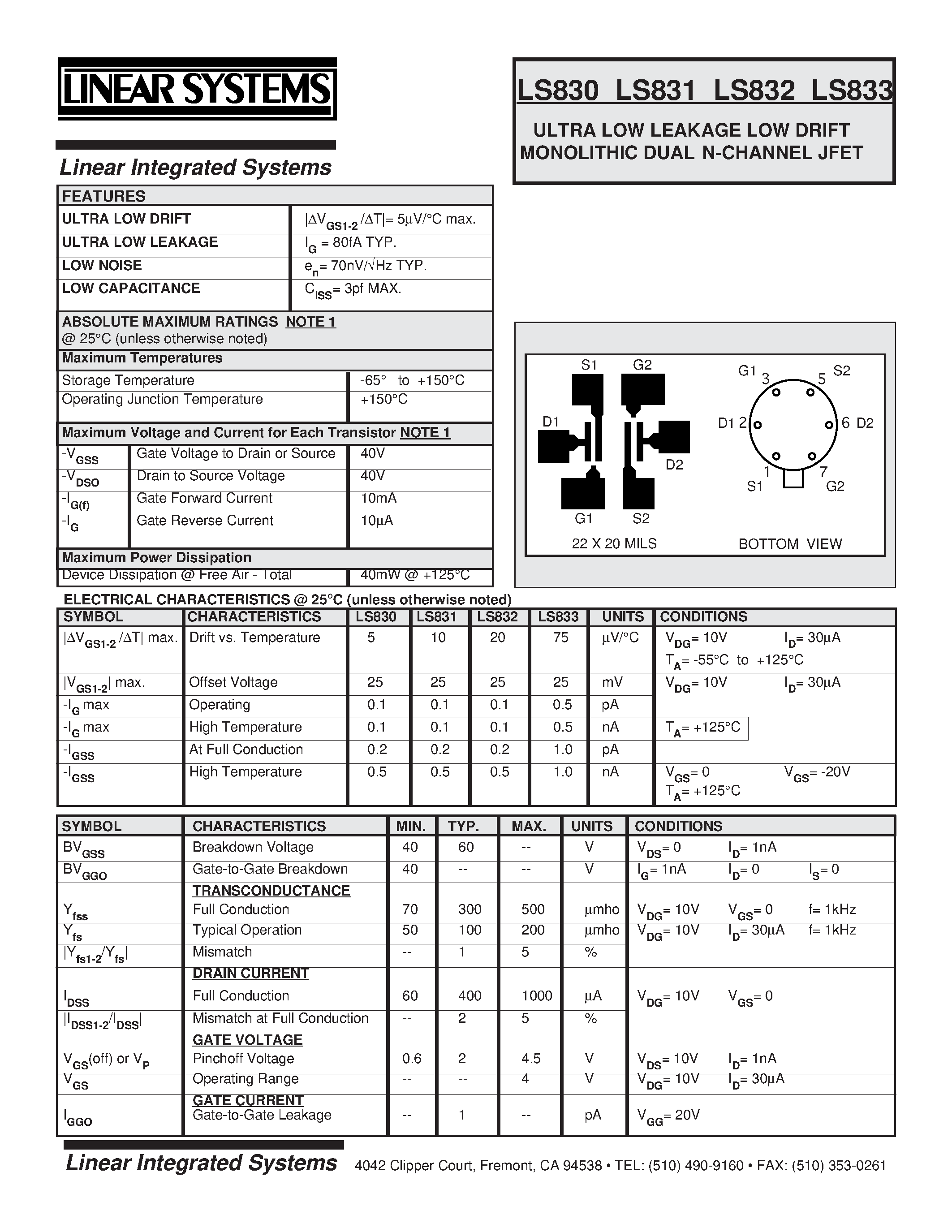 Datasheet LS830-3 - ULTRA LOW LEAKAGE LOW DRIFT MONOLITHIC DUAL N-CHANNEL JFET page 1