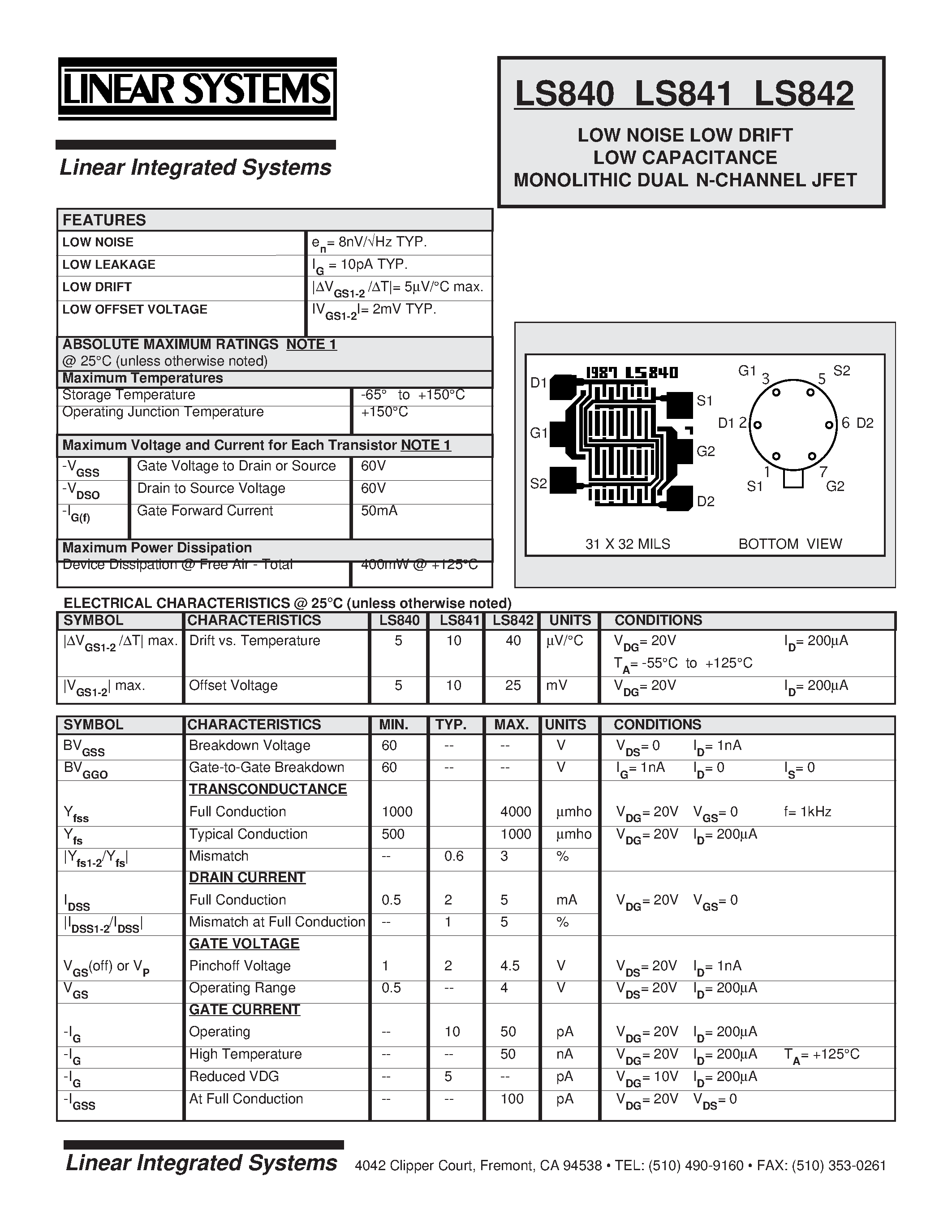 Datasheet LS840-2 - LOW NOISE LOW DRIFT LOW CAPACITANCE MONOLITHIC DUAL N-CHANNEL JFET page 1