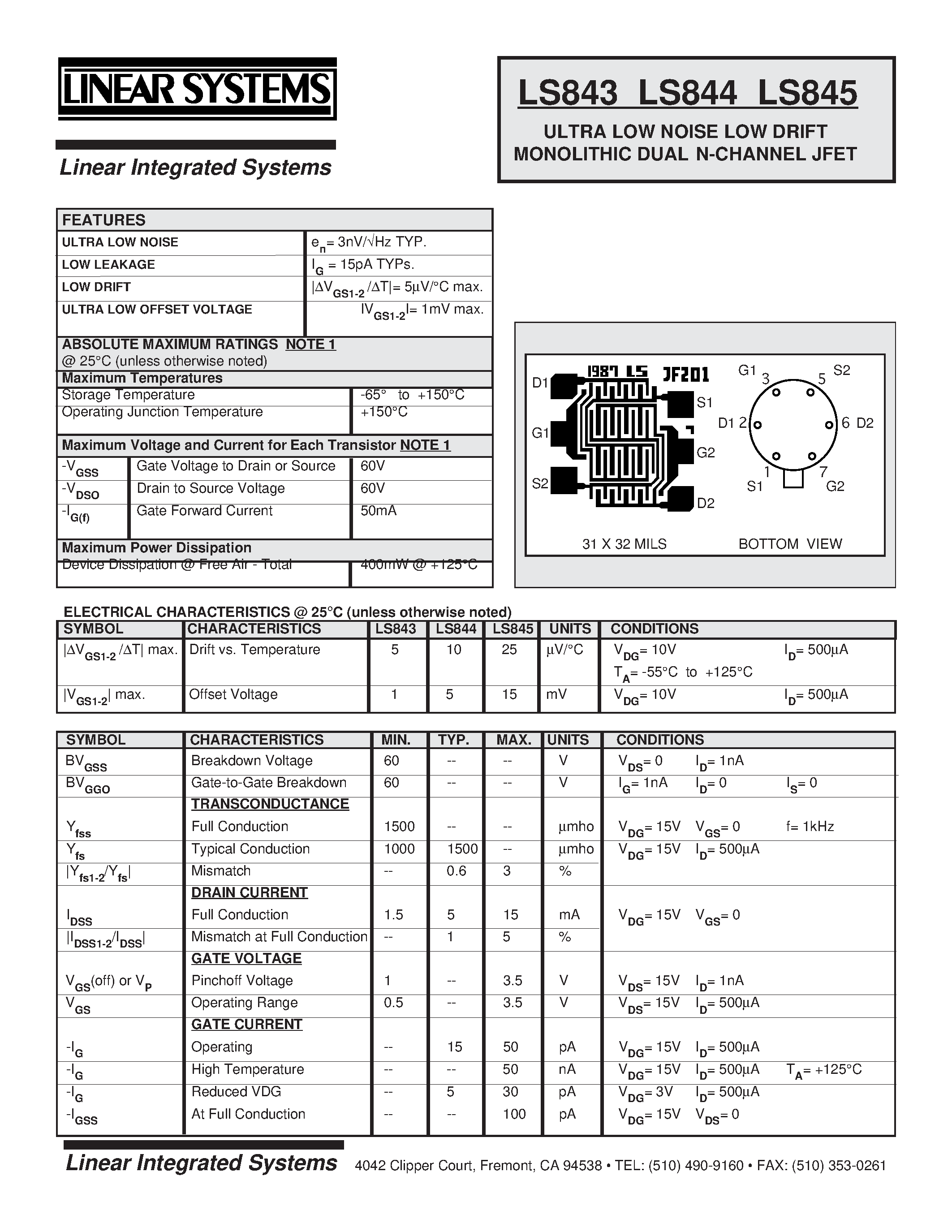Datasheet LS844 - ULTRA LOW NOISE LOW DRIFT MONOLITHIC DUAL N-CHANNEL JFET page 1
