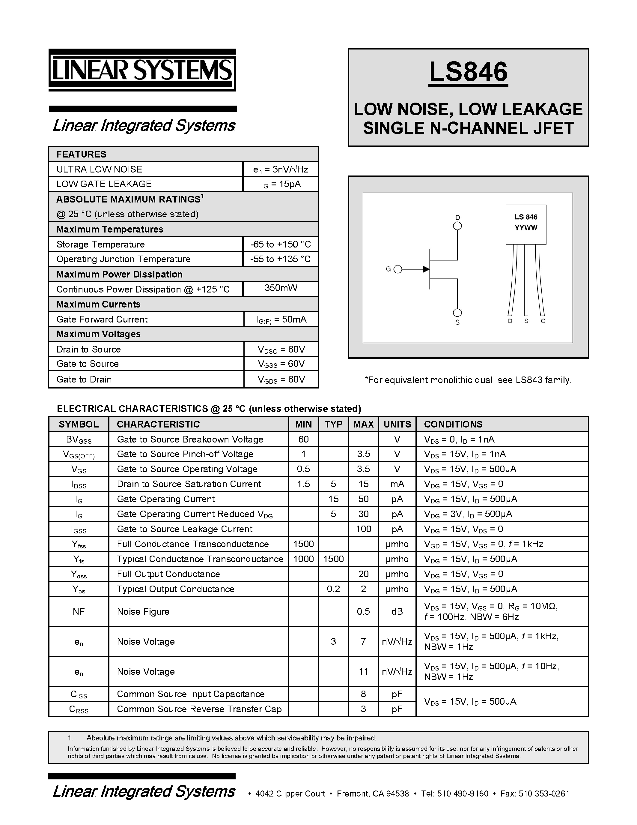 Datasheet LS846 - LOW NOISE / LOW LEAKAGE SINGLE N-CHANNEL JFET page 1