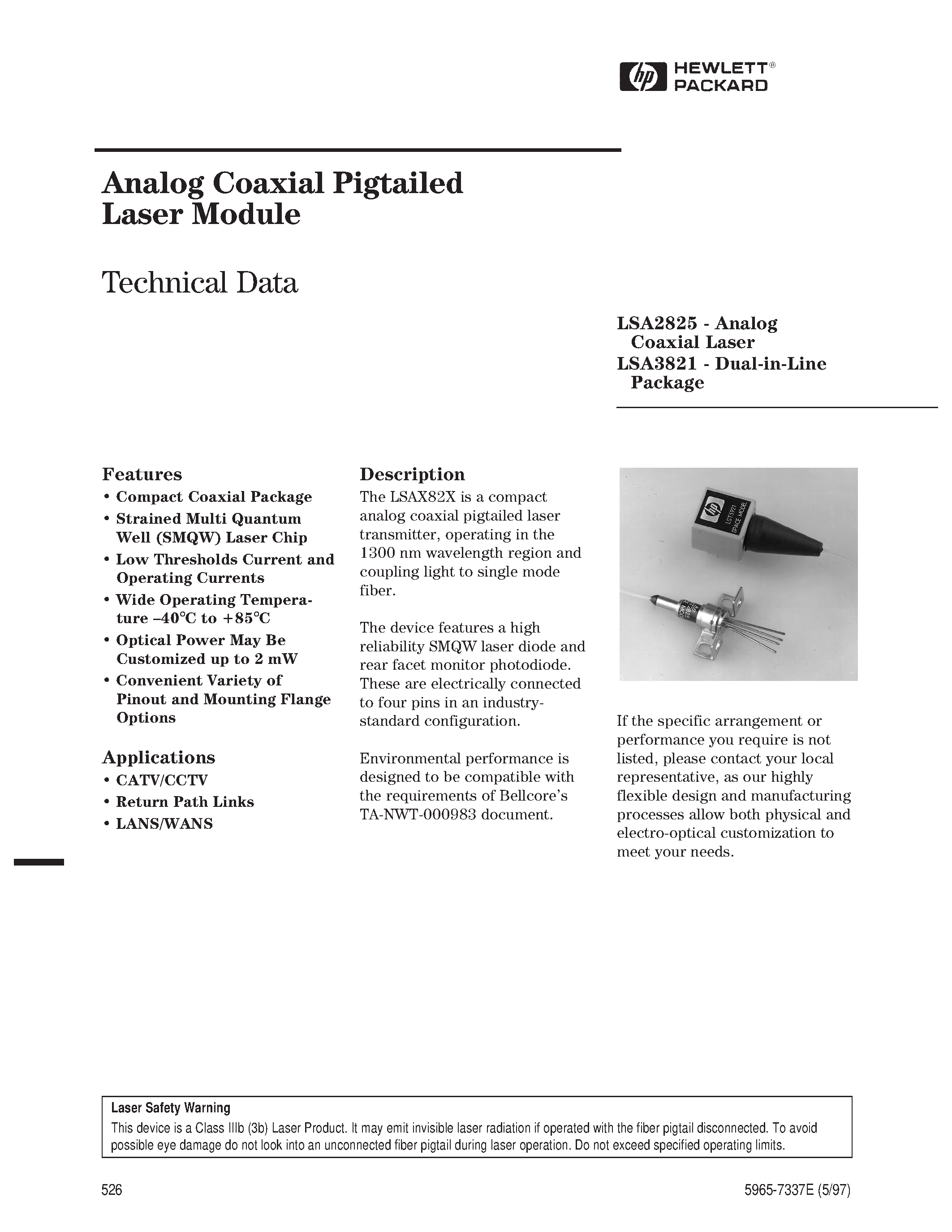 Datasheet LSA2825-B-US - Analog Coaxial Pigtailed Laser Module page 1