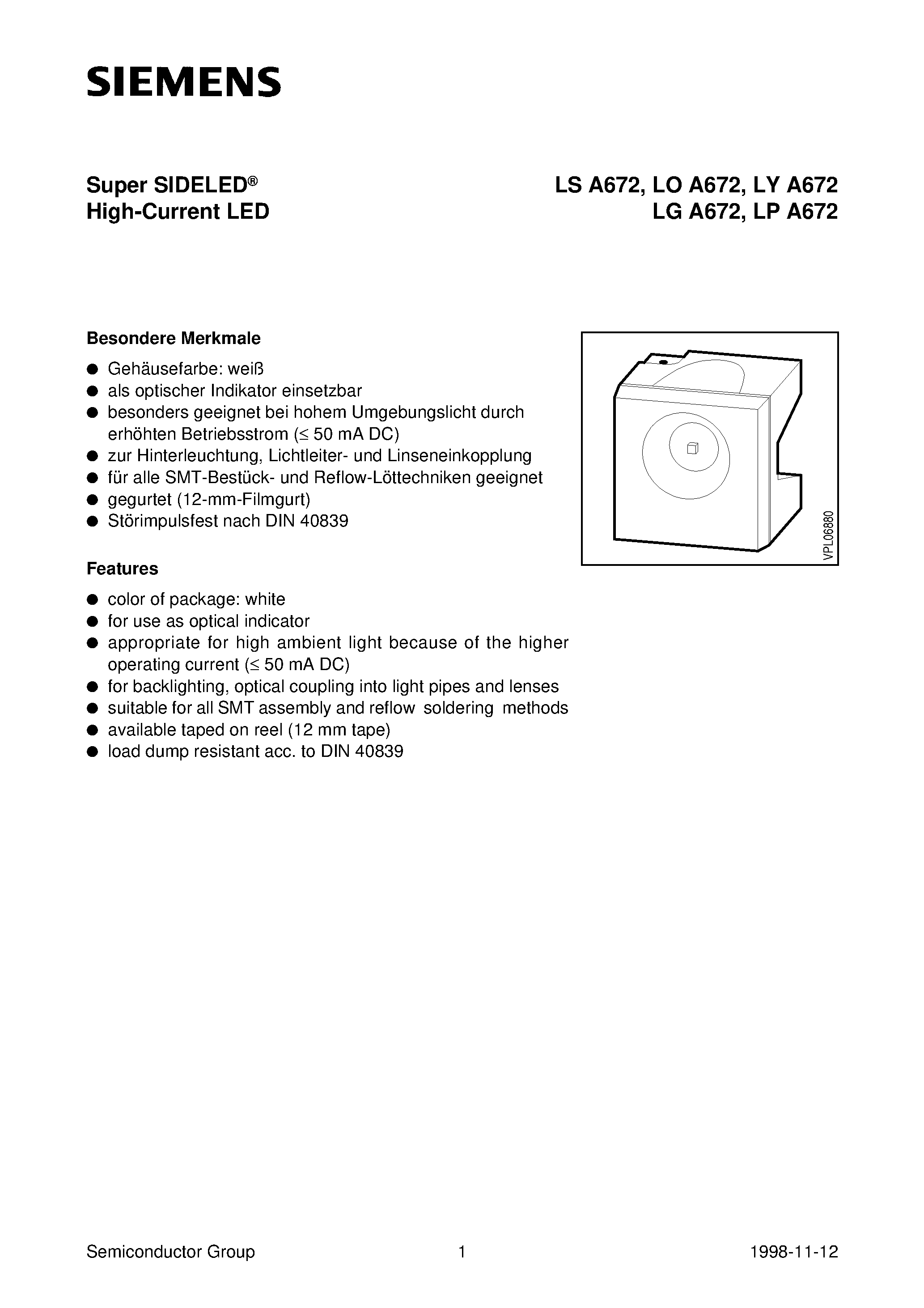 Даташит LSA672-N - Super SIDELED High-Current LED страница 1