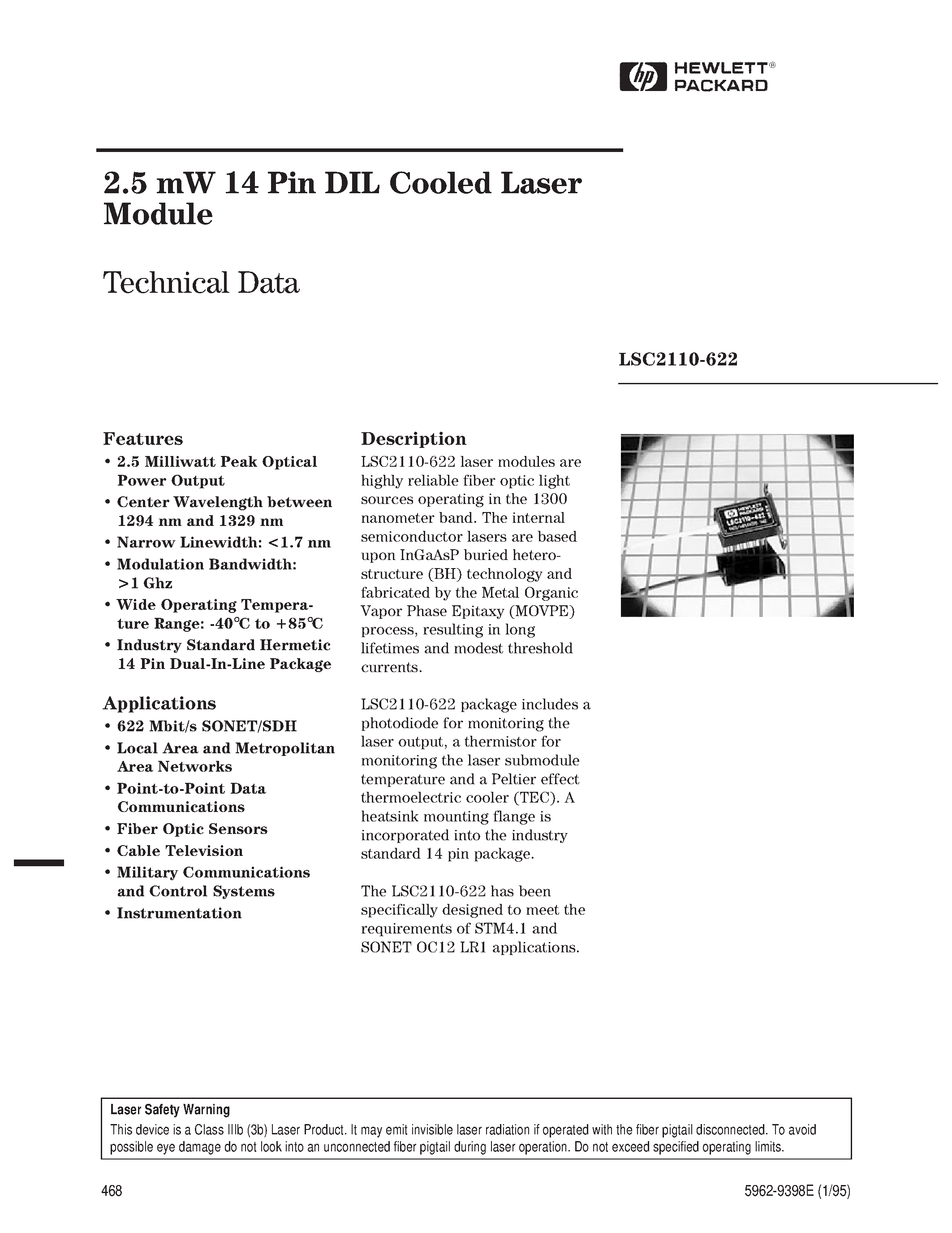 Datasheet LSC2110-622-DN - 2.5 mW 14 Pin DIL Cooled Laser Module page 1