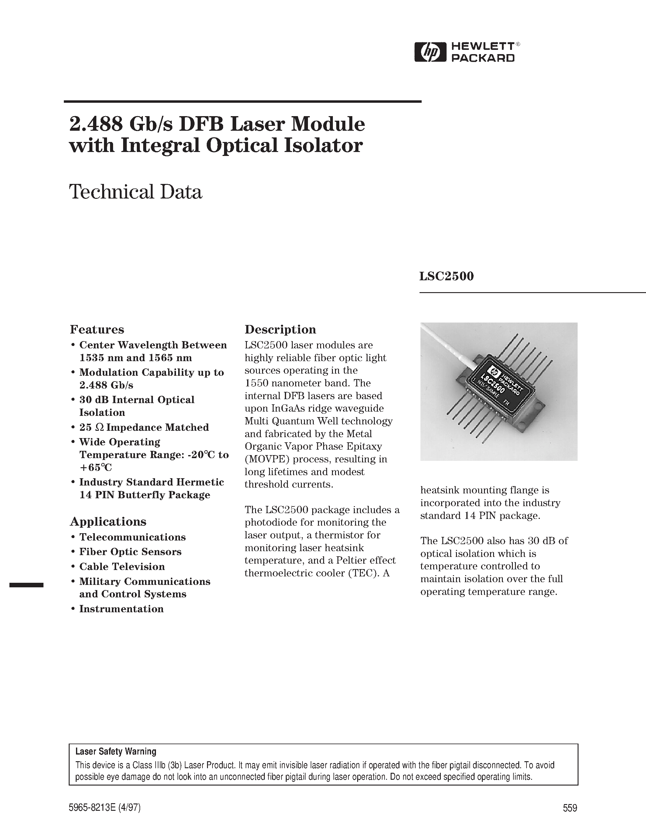 Datasheet LSC2500 - 2.488 Gb/s DFB Laser Module with Integral Optical Isolator page 1