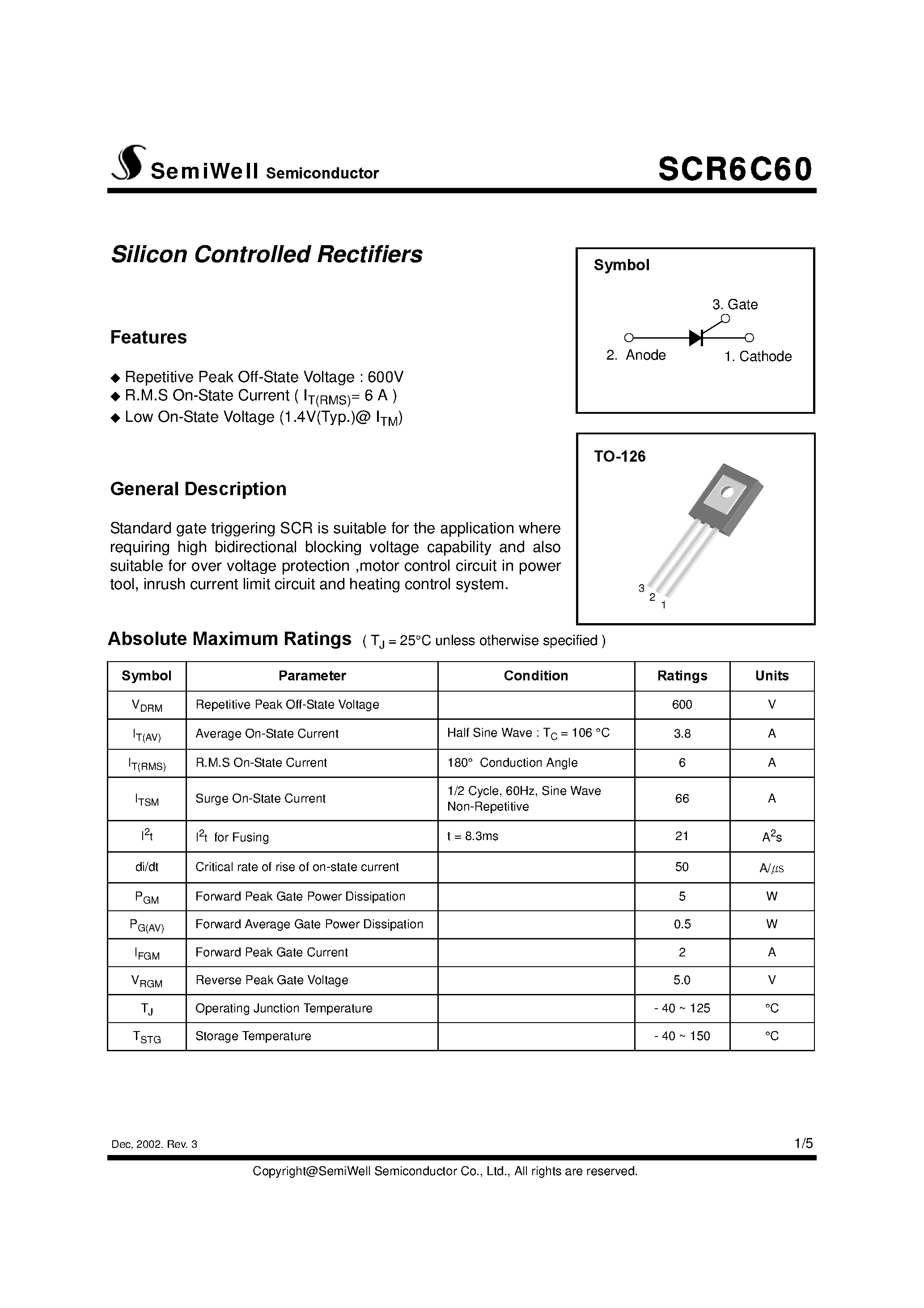 Datasheet LSCR6C60 page 1 Datasheet LSCR6C60 - Silicon Controlled Rectifiers page 1