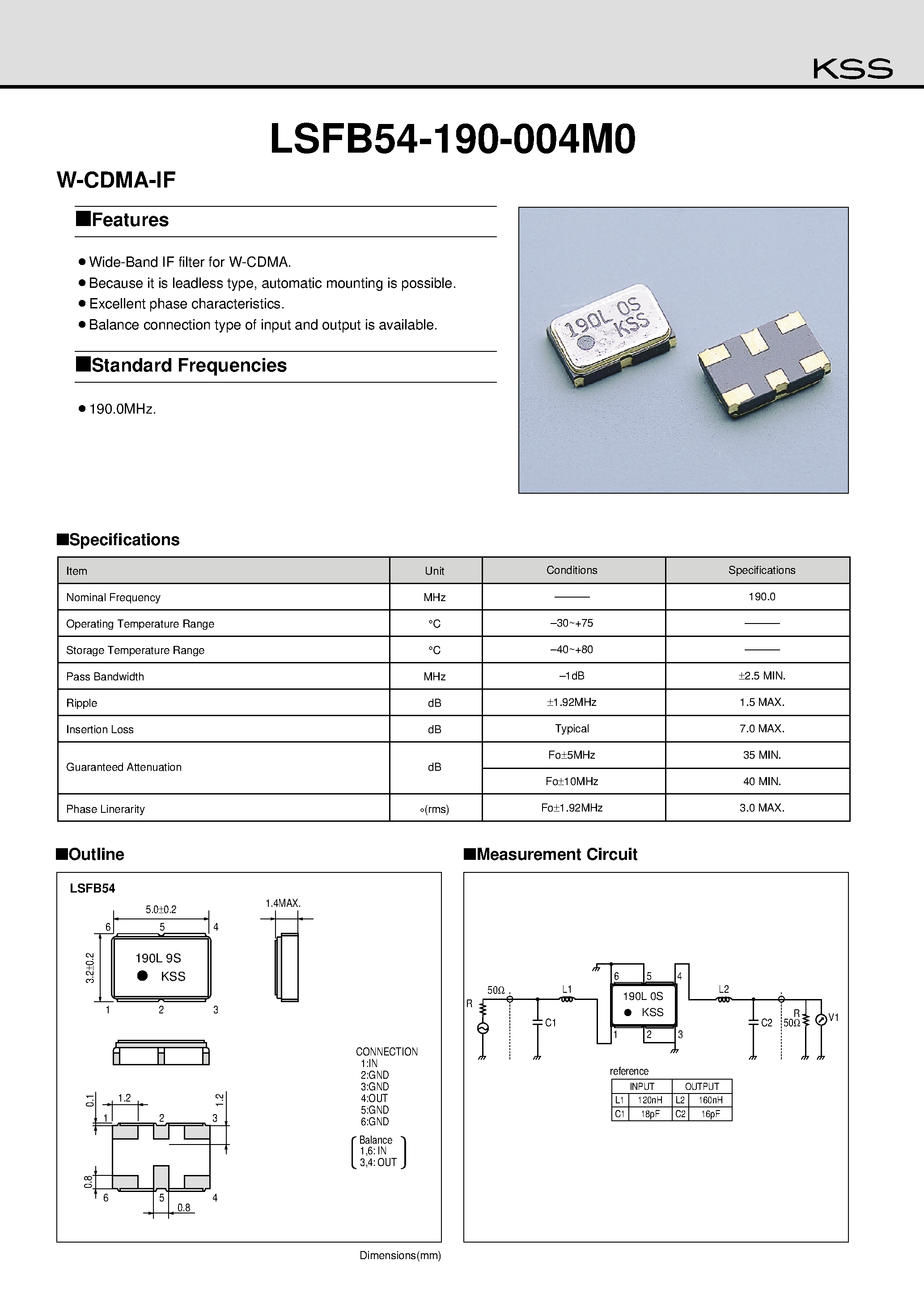 Datasheet LSFB54-190-004M0 - W-CDMA-IF page 1