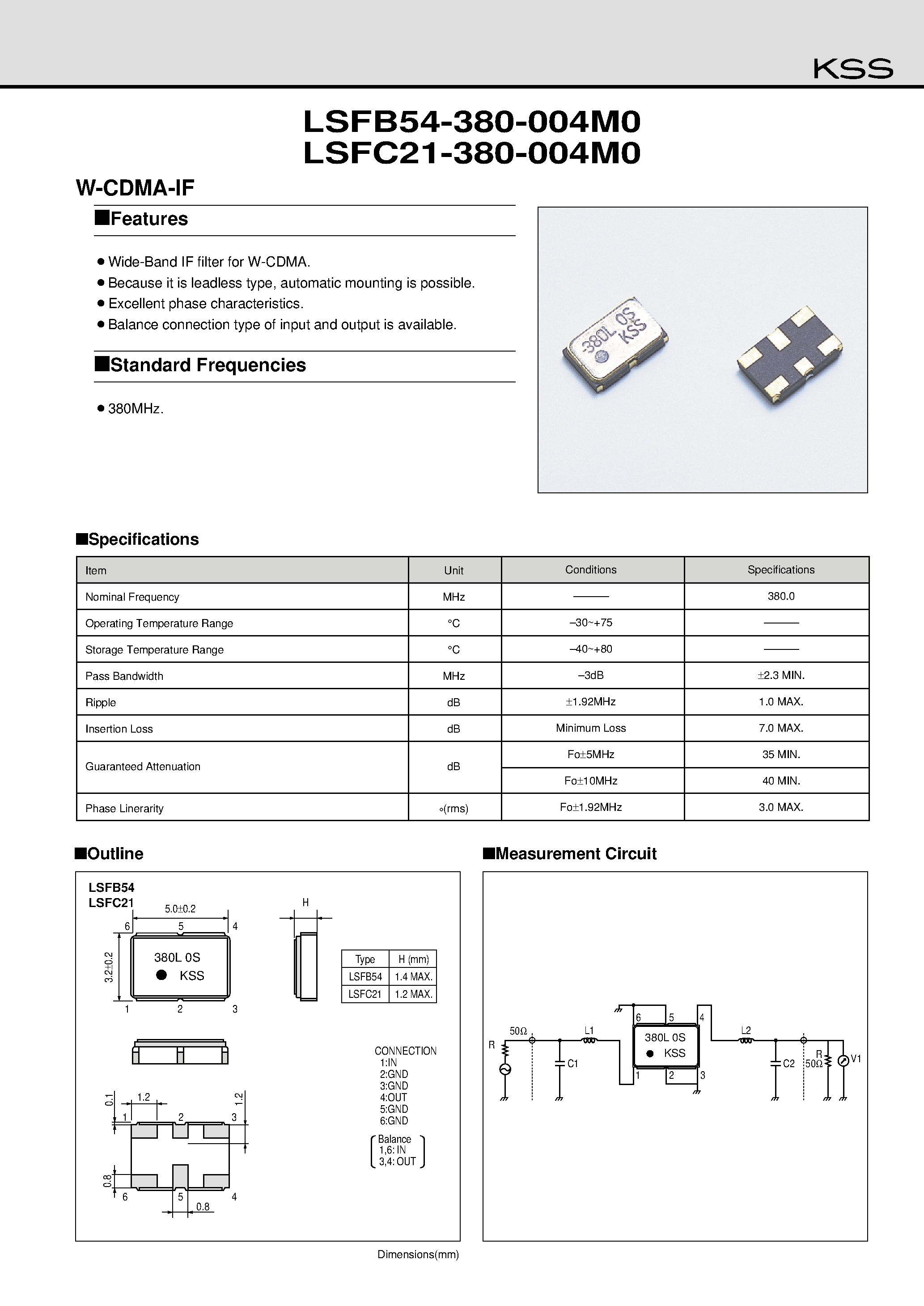 Datasheet LSFB54-380-004M0 - W-CDMA-IF page 1