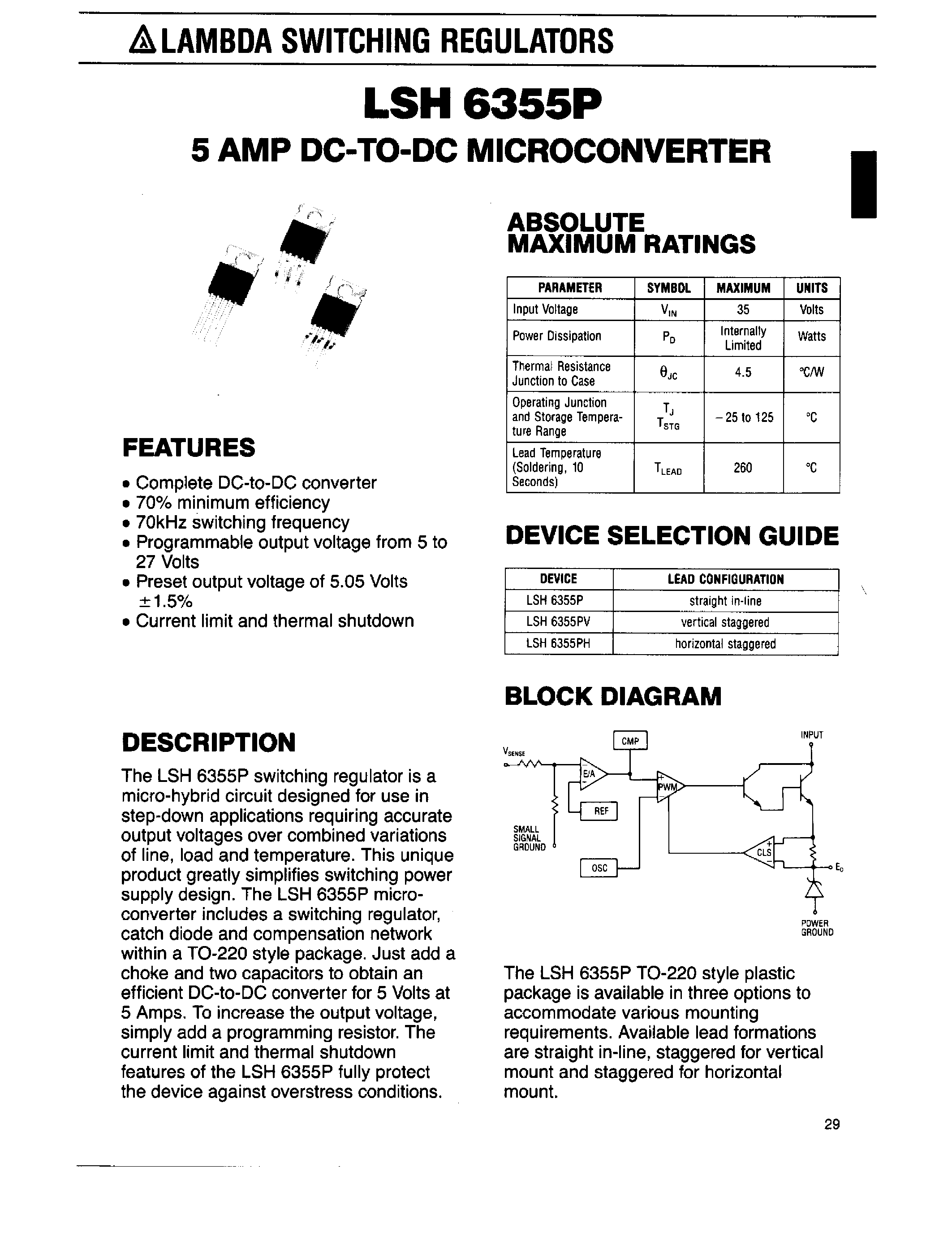 Datasheet LSH6355PH - 5 AMP DC TO DC MICROCONVERTER page 1