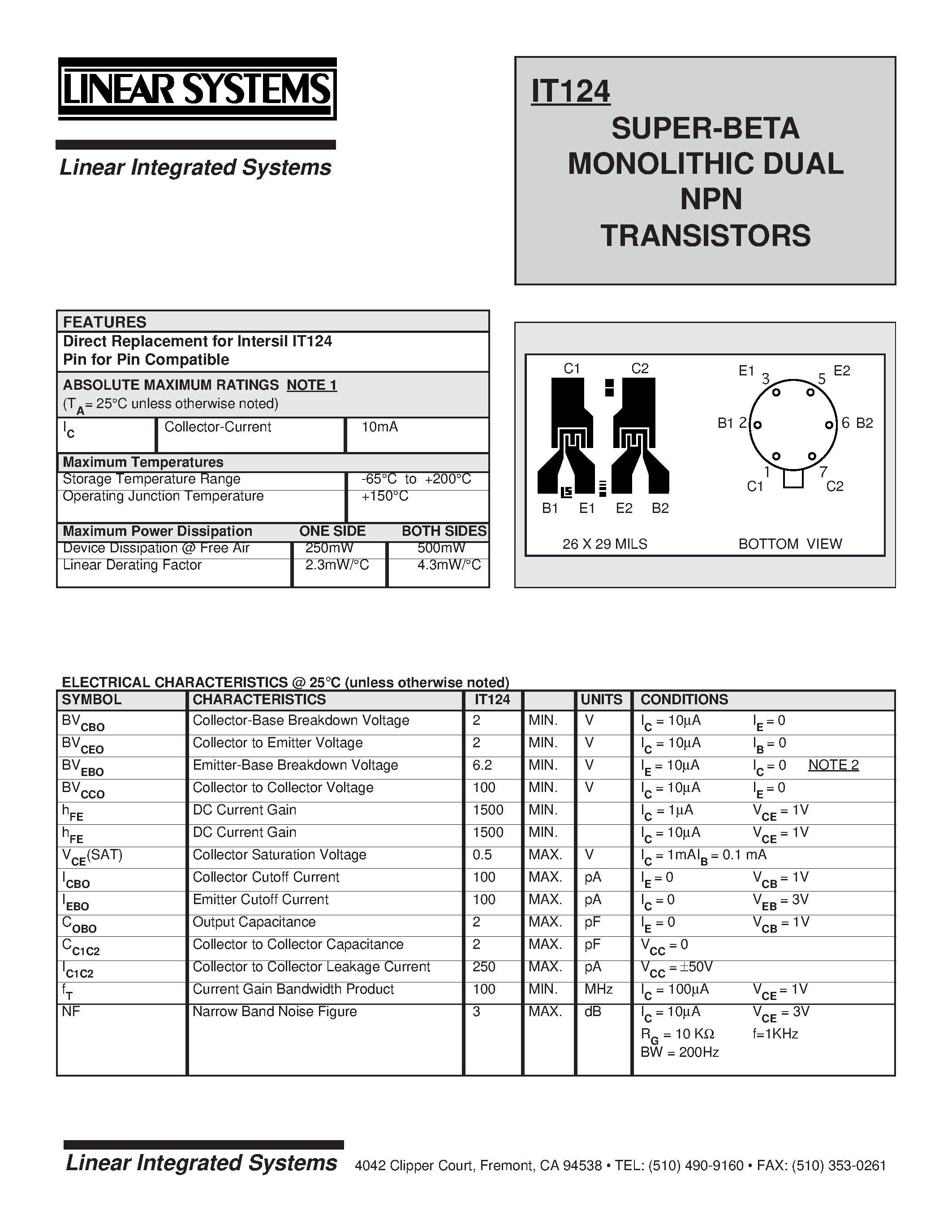 Даташит LSIT124 - SUPER-BETA MONOLITHIC DUAL NPN TRANSISTORS страница 1