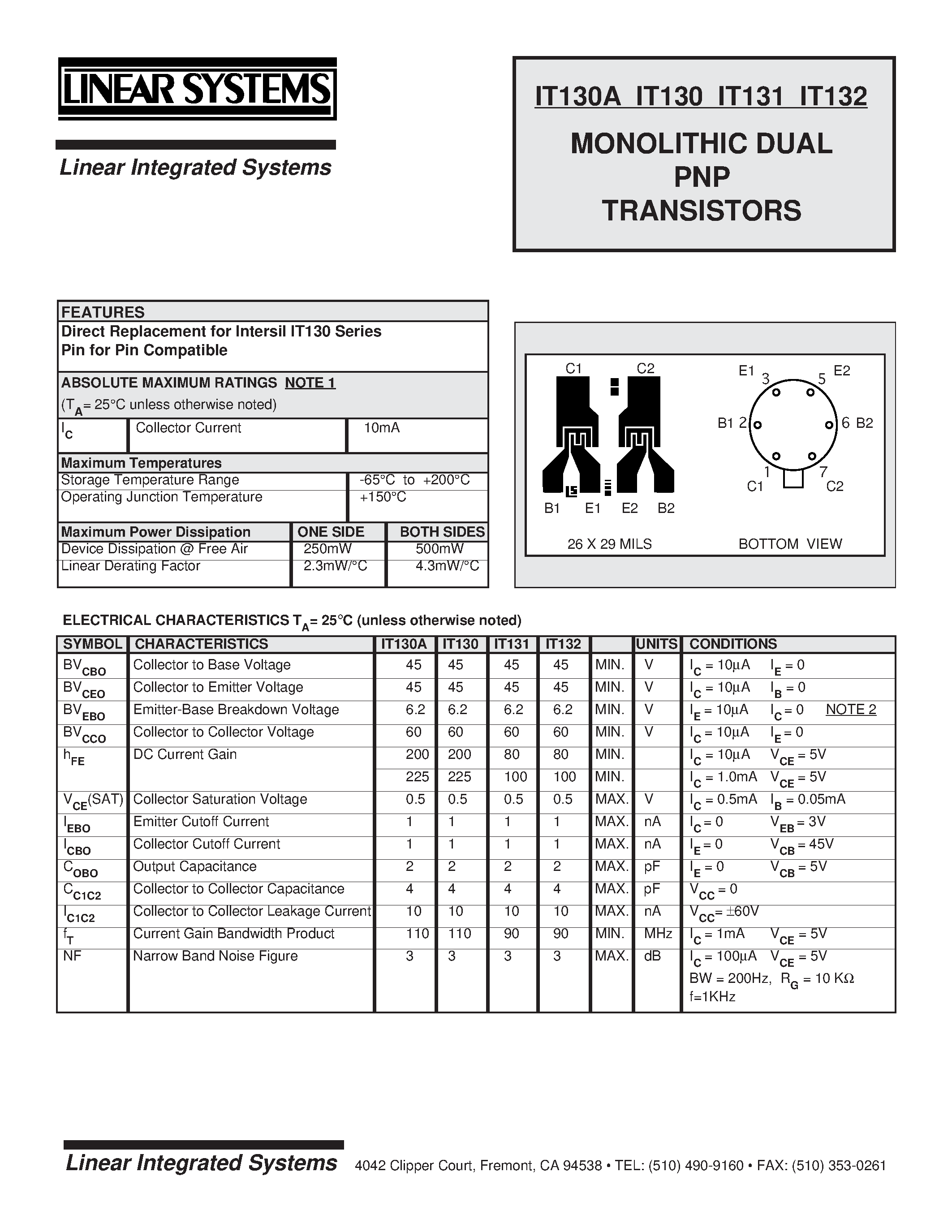 Datasheet LSIT130-2 - MONOLITHIC DUAL PNP TRANSISTORS page 1