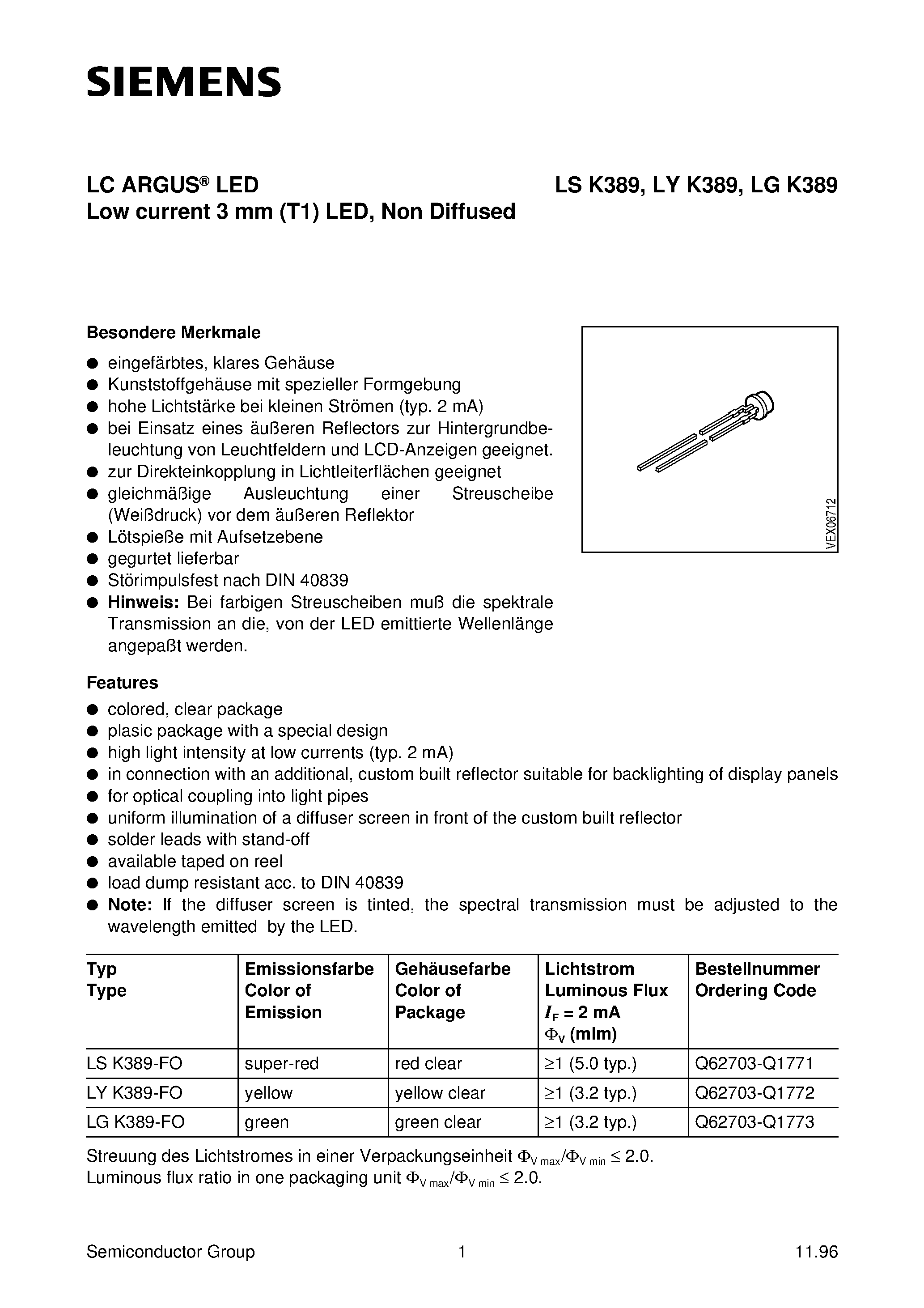 Datasheet LSK389-FO - LC ARGUS LED Low current 3 mm T1 LED / Non Diffused page 1