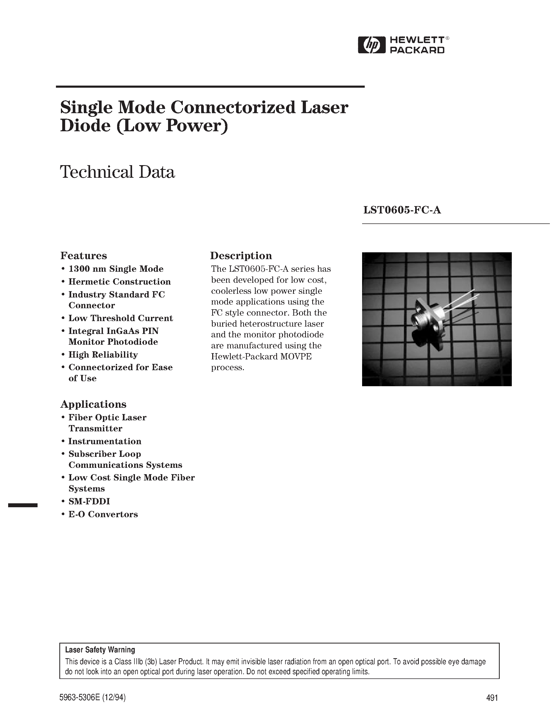 Datasheet LST0623-SC-A - Single Mode Connectorized Laser Diode (Low Power) page 1