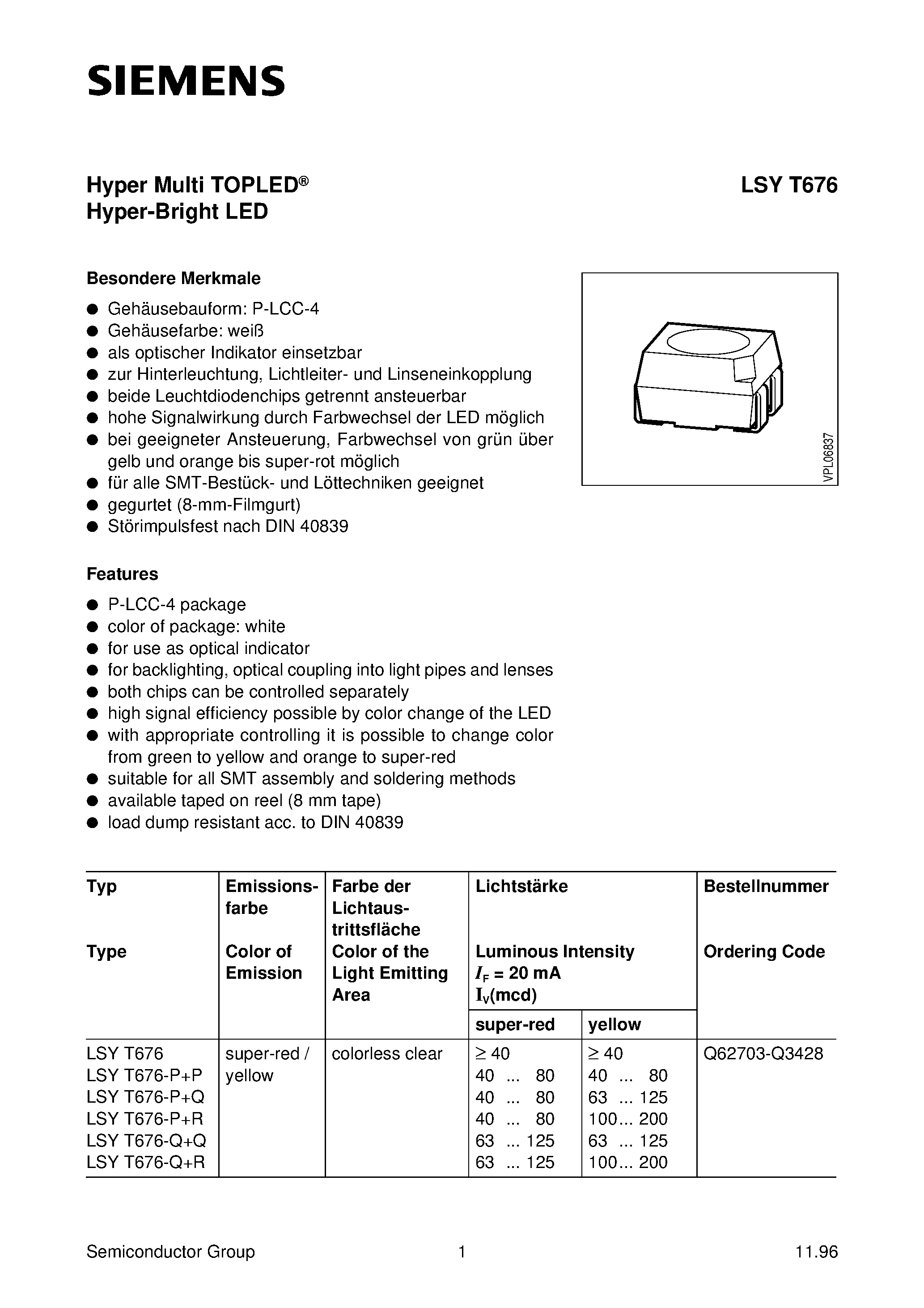 Datasheet LSYT676-P+R page 1 Datasheet LSYT676-P+R - Hyper Multi TOPLED Hyper-Bright LED page 1