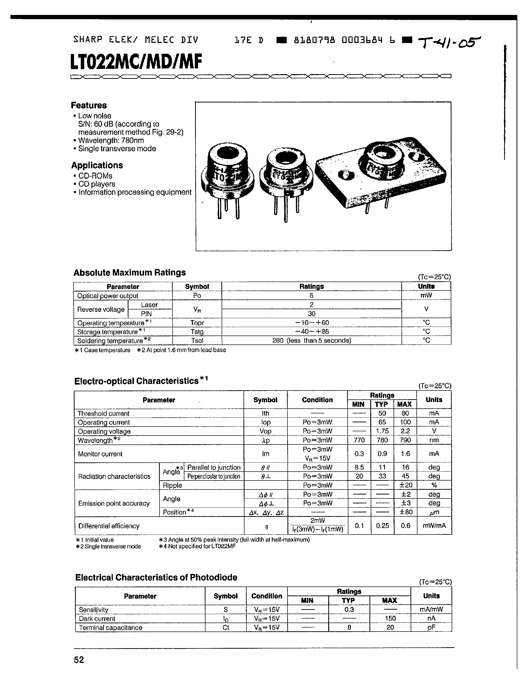 Datasheet LT022MF - Low noise S/N:60db(according to measurement method Fig> 29-2) page 1