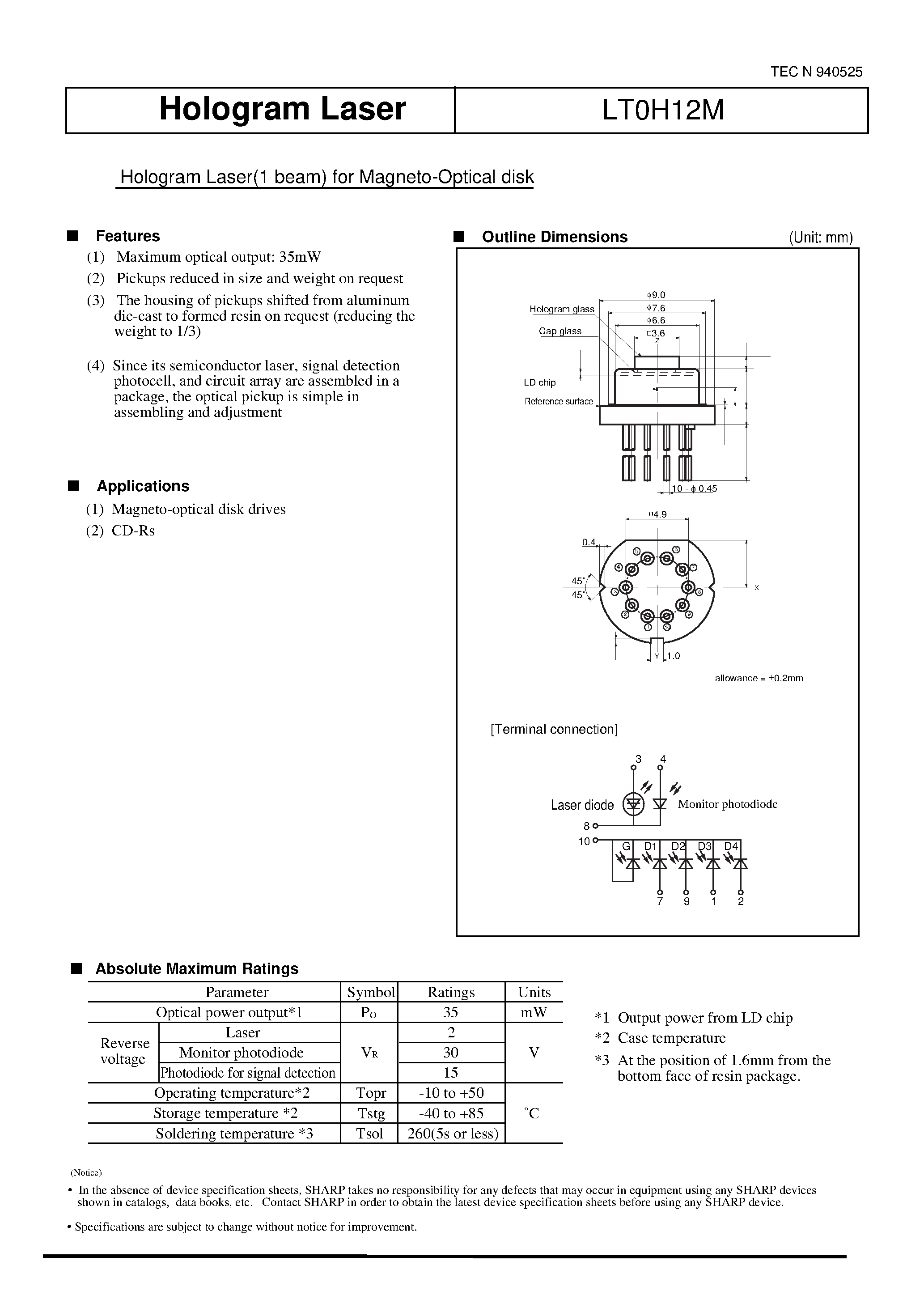 Даташит LT0H12M - Hologram Laser(1 beam) for Magneto-Optical disk страница 1