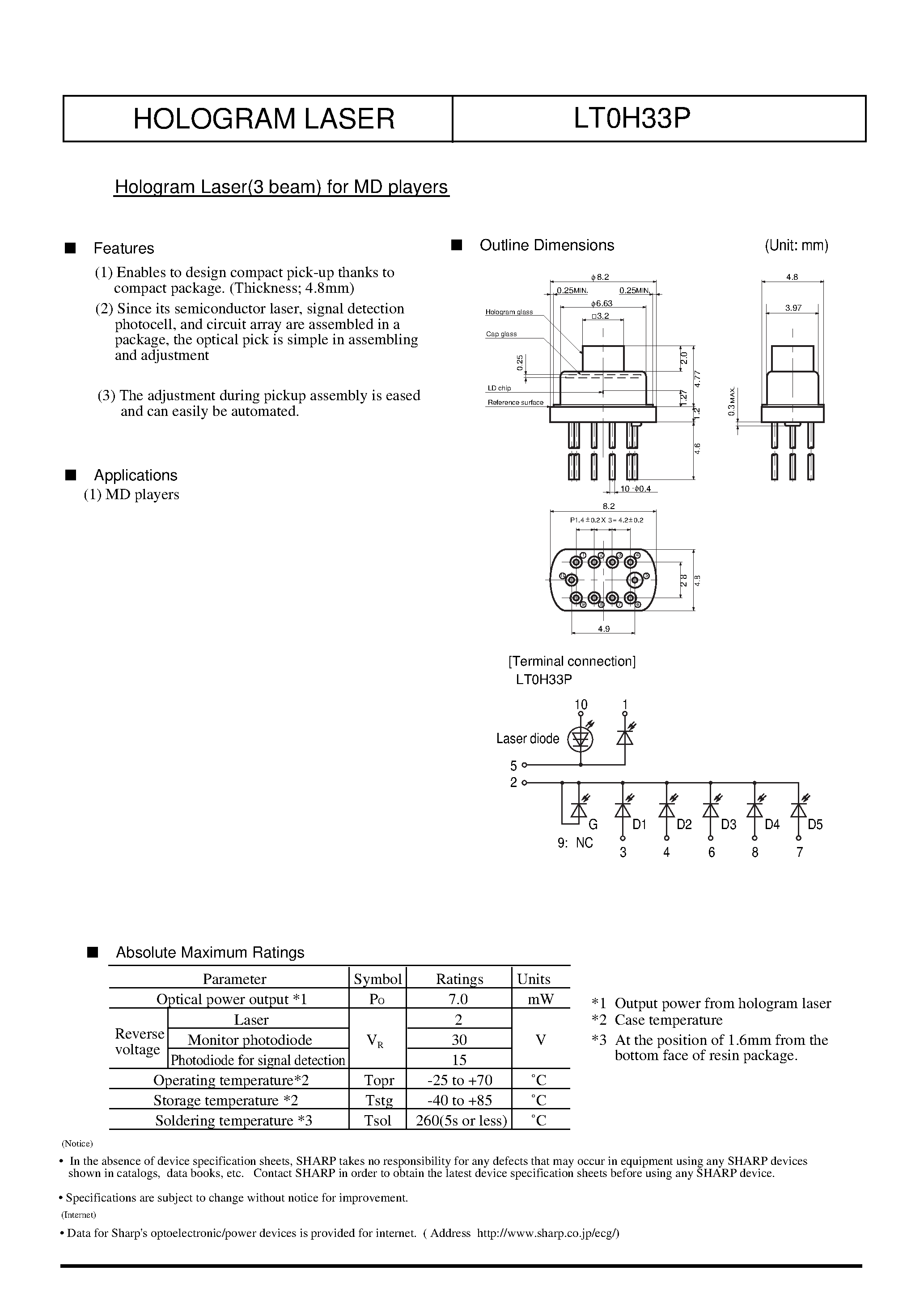 Datasheet LT0H33P - Hologram Laser(3 beam) for MD players page 1