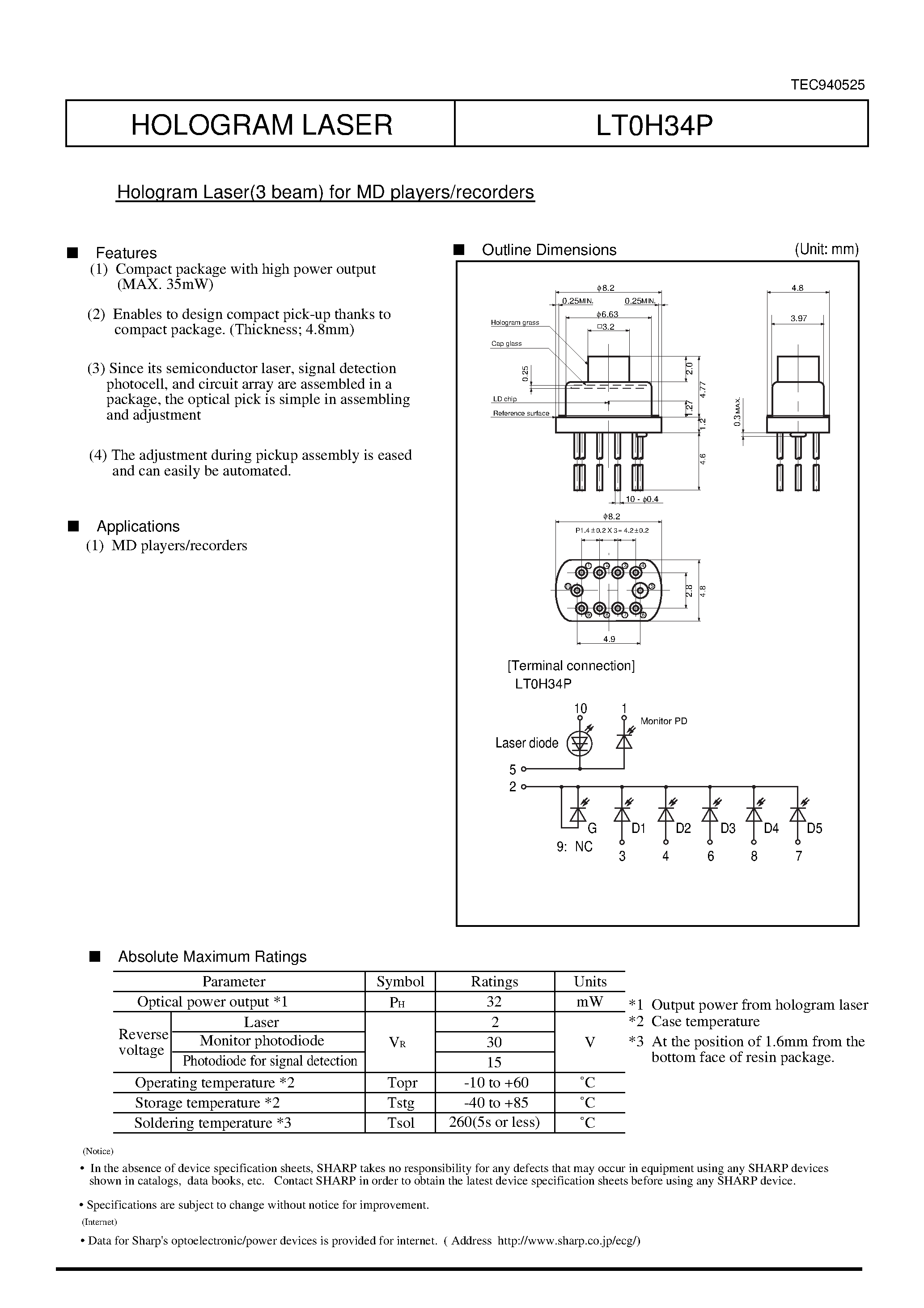 Datasheet LT0H34P - Hologram Laser(3 beam) for MD players/recorders page 1