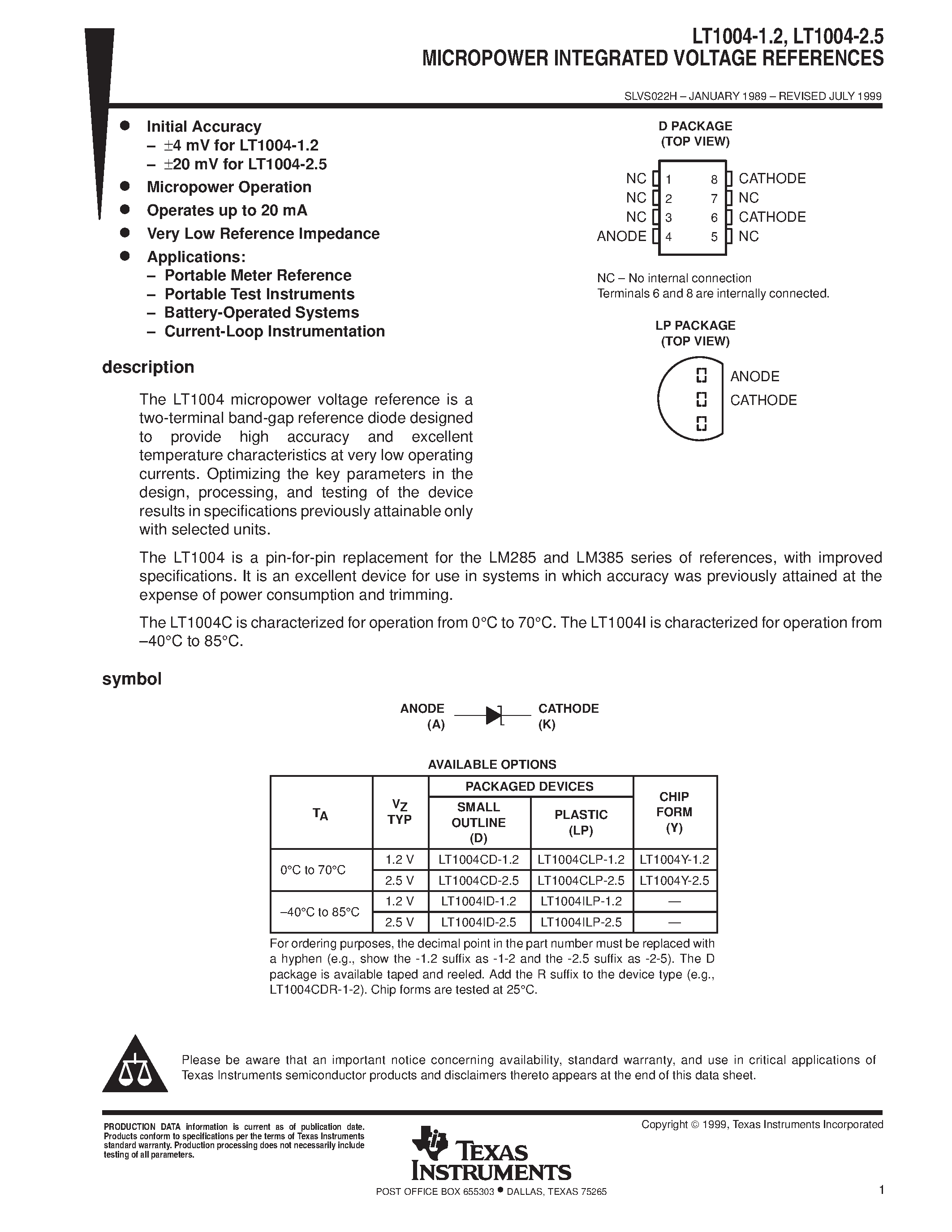 Datasheet LT1004-1.2 - MICROPOWER INTEGRATED VOLTAGE REFERENCES page 1