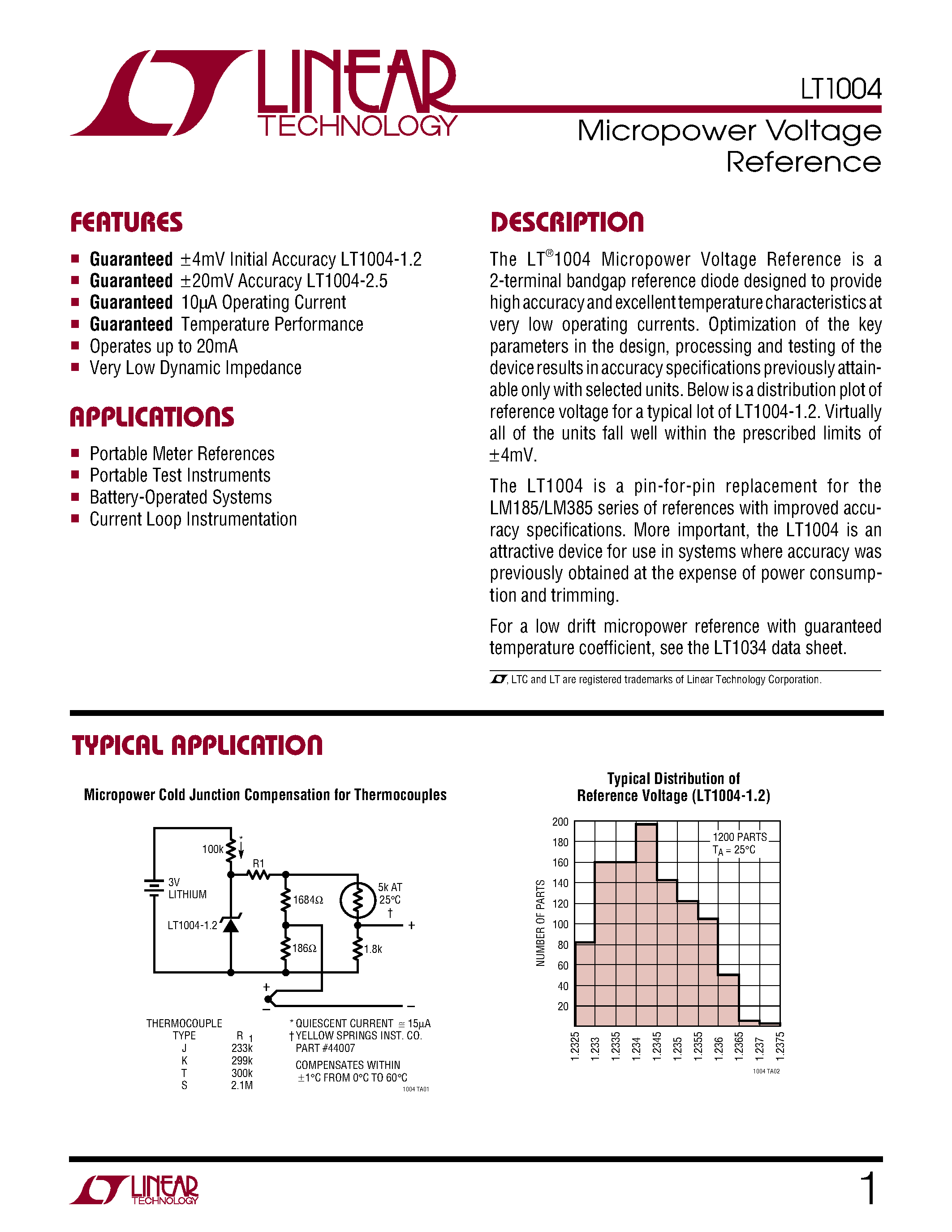 Datasheet LT1004CH-1.2 - Micropower Voltage Reference page 1