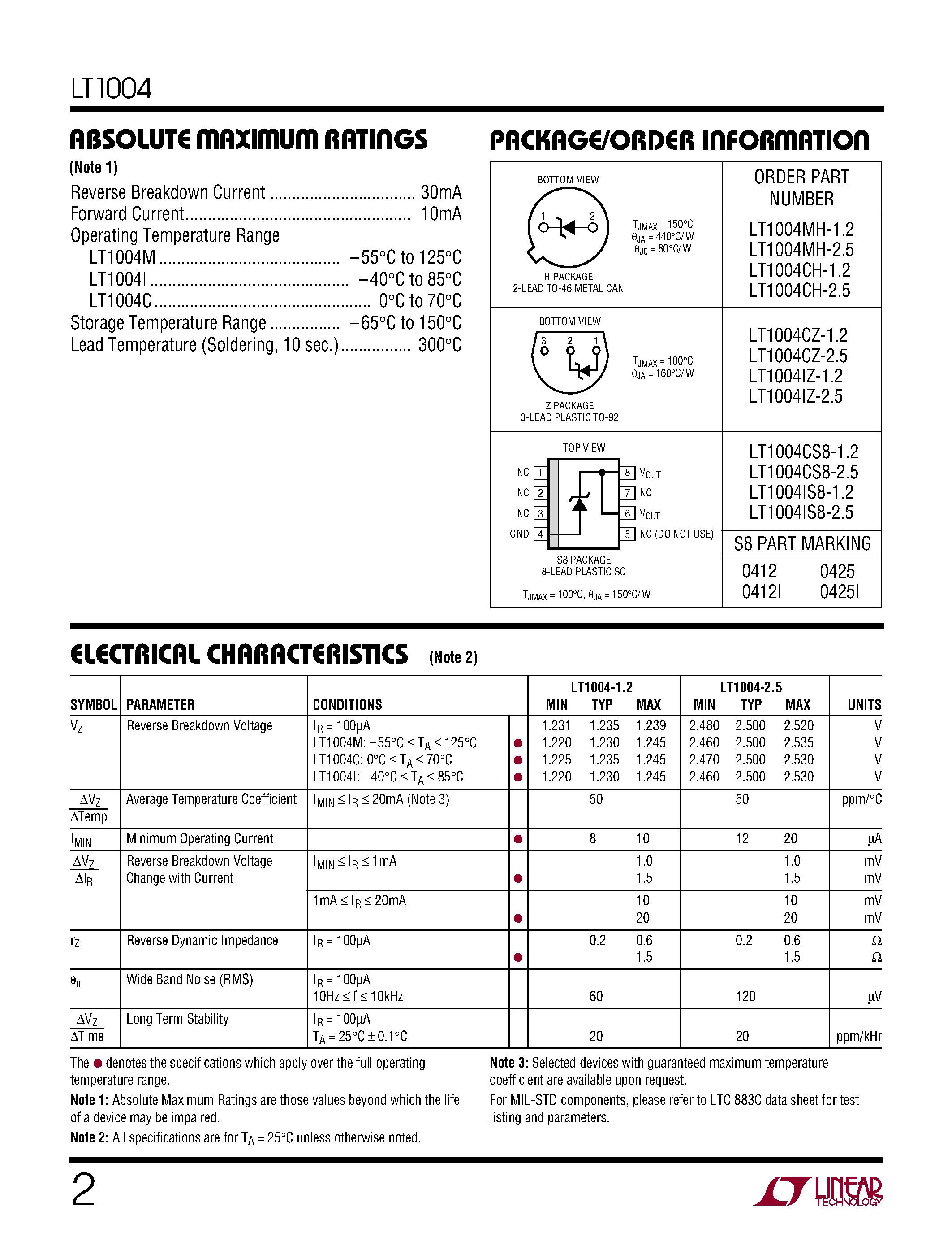 Datasheet LT1004CZ-1.2 - Micropower Voltage Reference page 2