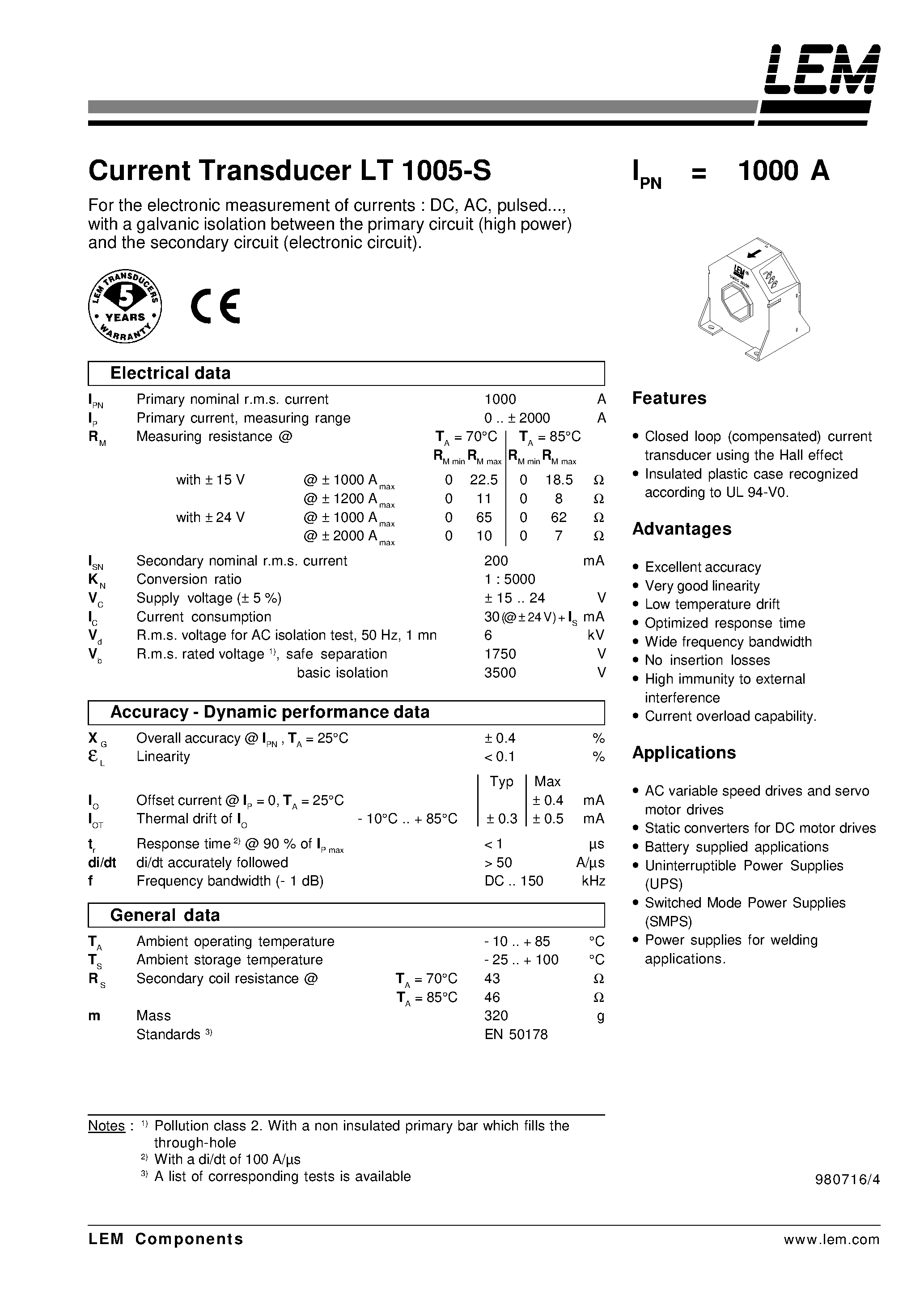 Datasheet LT1005-S - Current Transducer LT 1005-S page 1