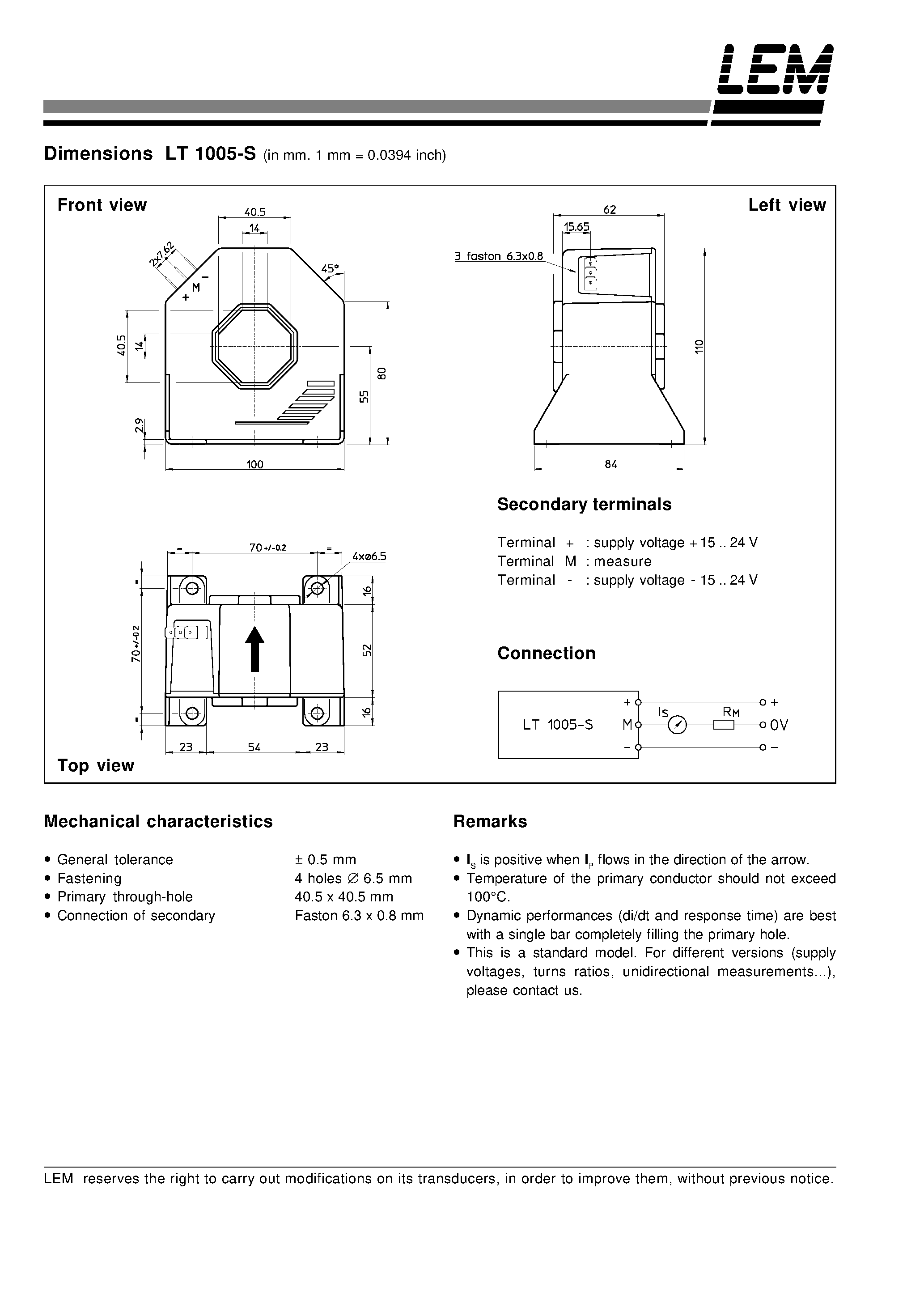 Даташит LT1005-S - Current Transducer LT 1005-S страница 2