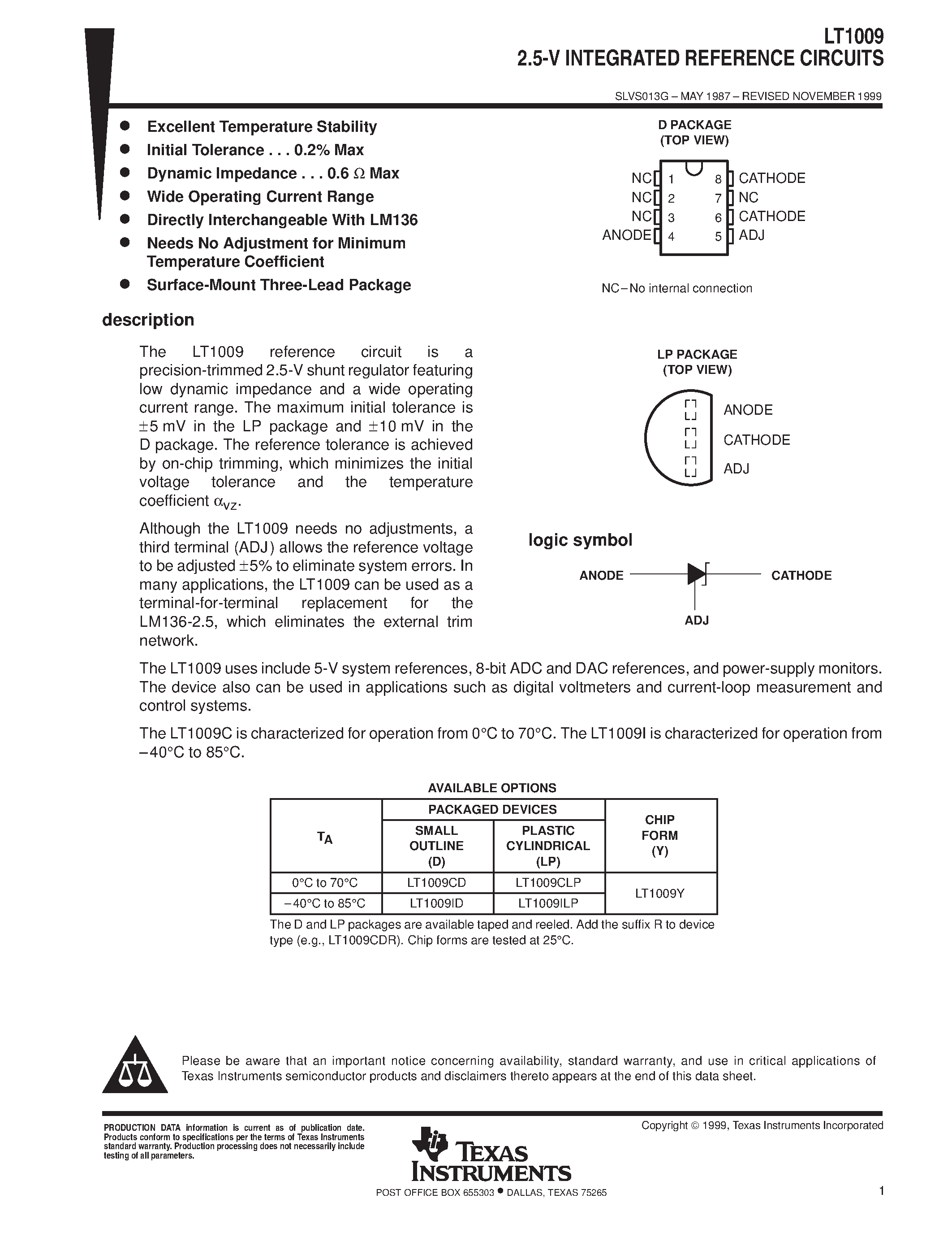 Даташит LT1009D - 2.5-V INTEGRATED REFERENCE CIRCUITS страница 1