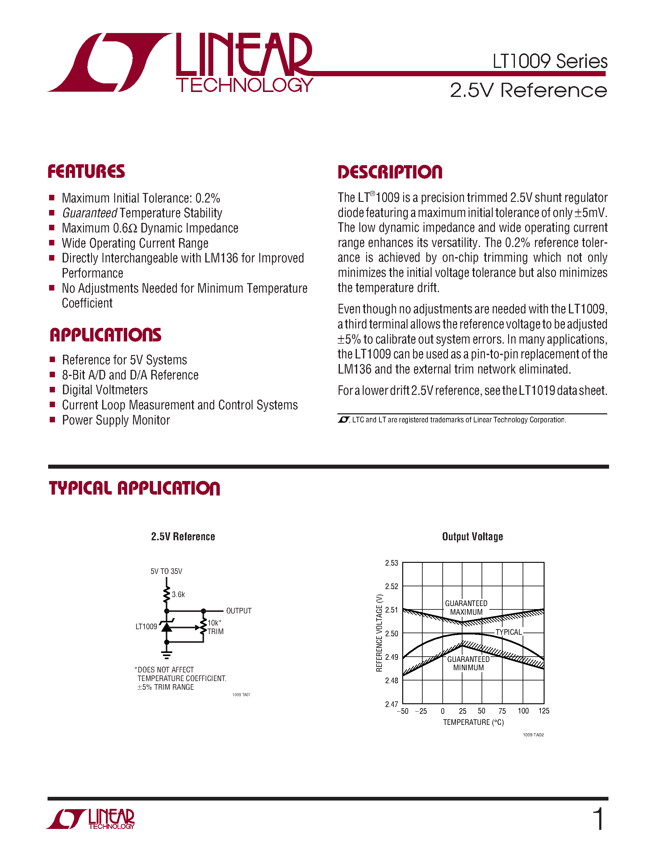 Datasheet LT1009S8 - 2.5V Reference page 1