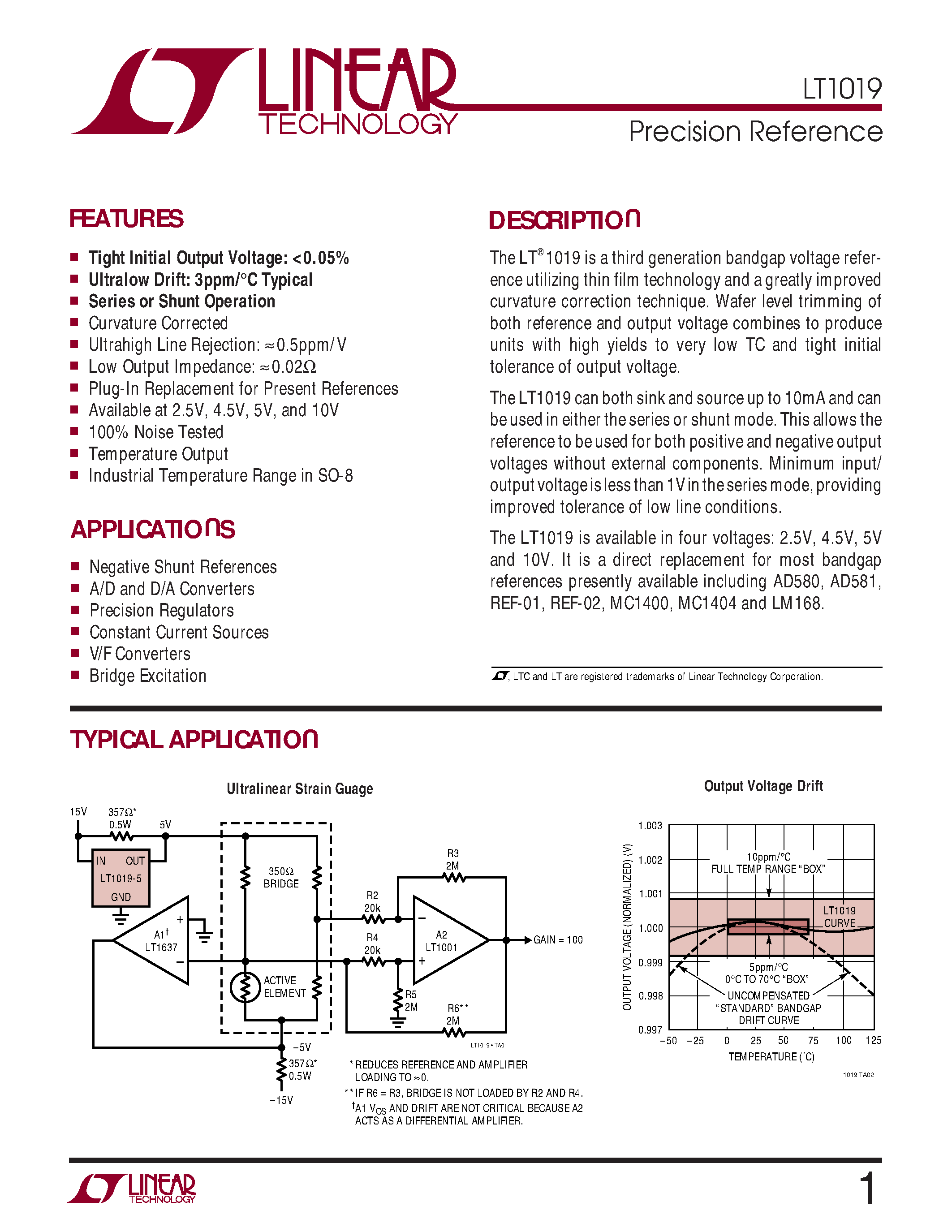 Datasheet LT1019ACH-5 - Precision Reference page 1