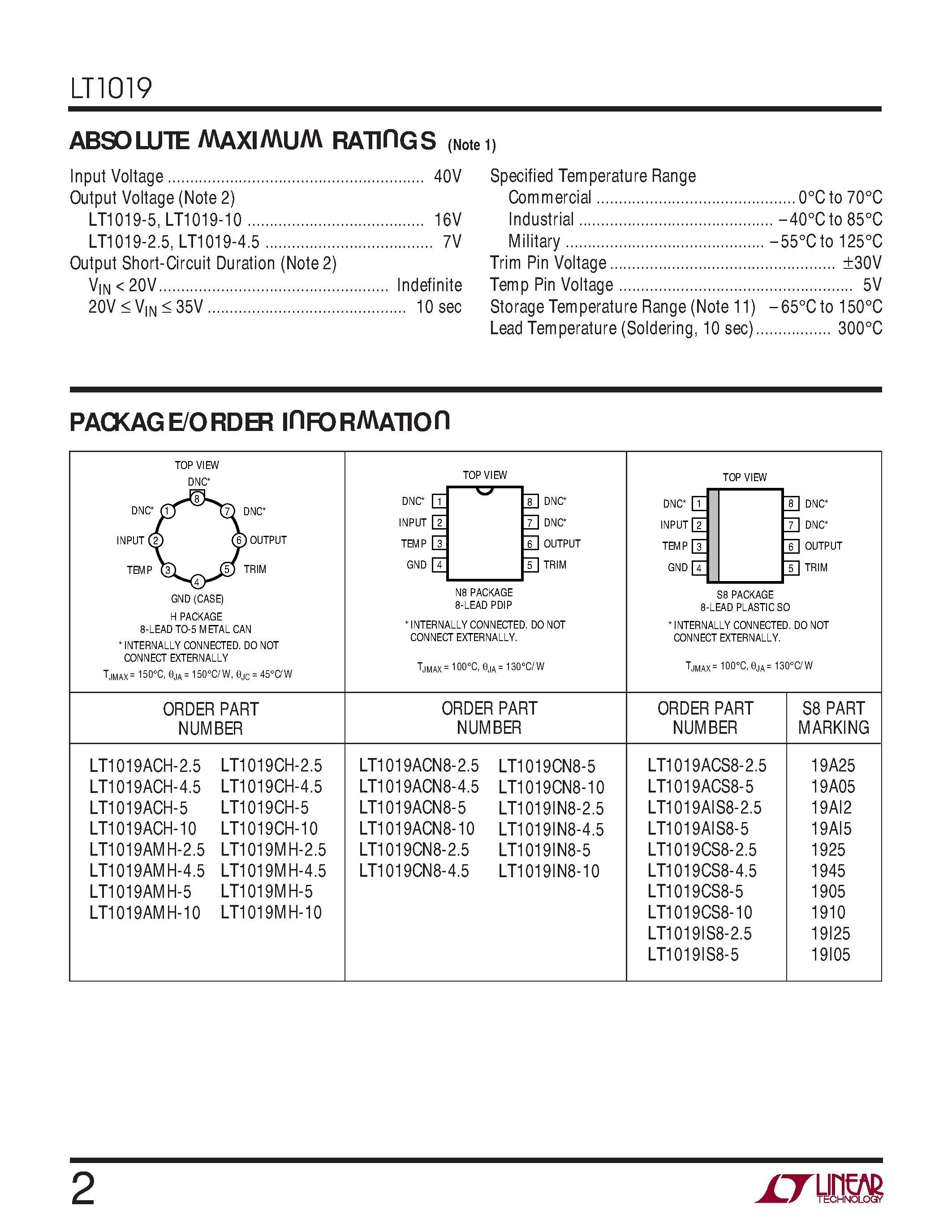 Даташит LT1019IN8-4.5 - Precision Reference страница 2